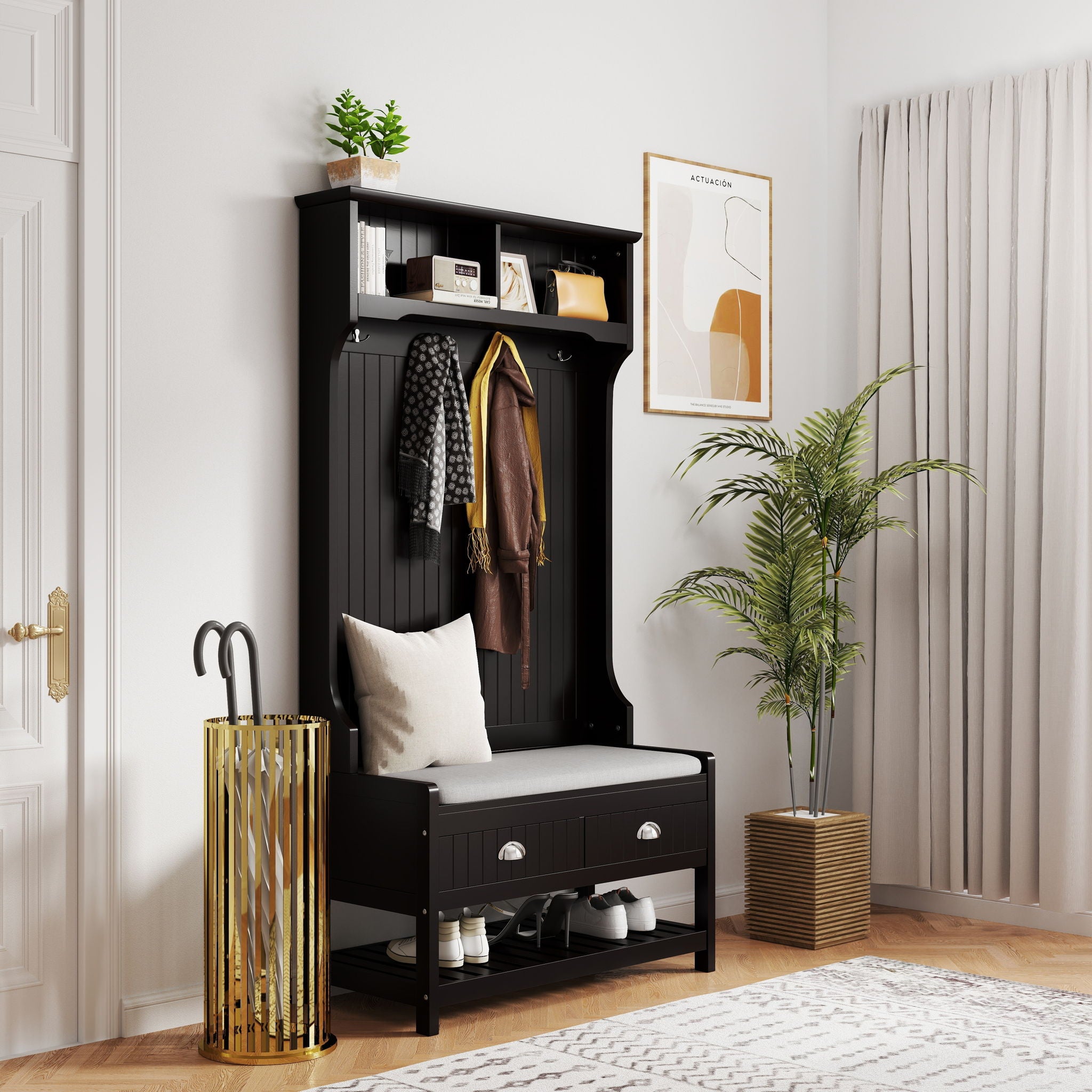 Modern 3 In 1 Hallway Hall Tree With Storage Drawers, Coat Rack, Shoe Rack Bench And Cushion