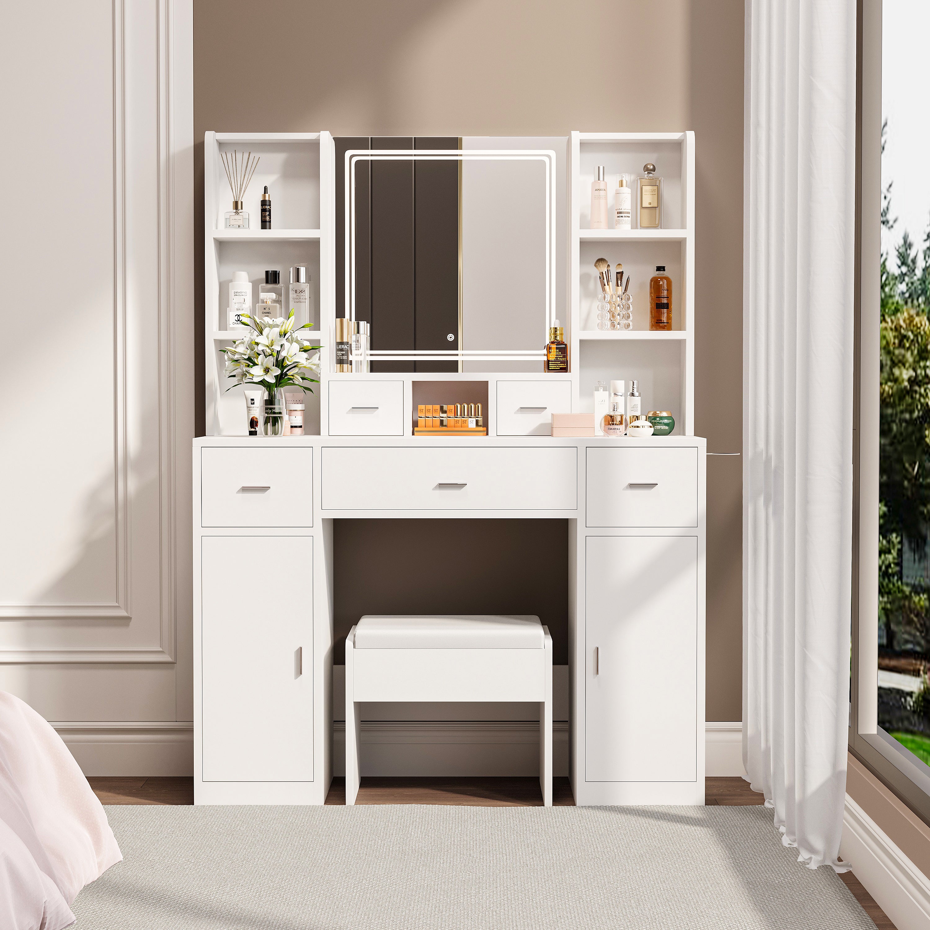 Jolie White Modern Makeup Vanity With LED Mirror