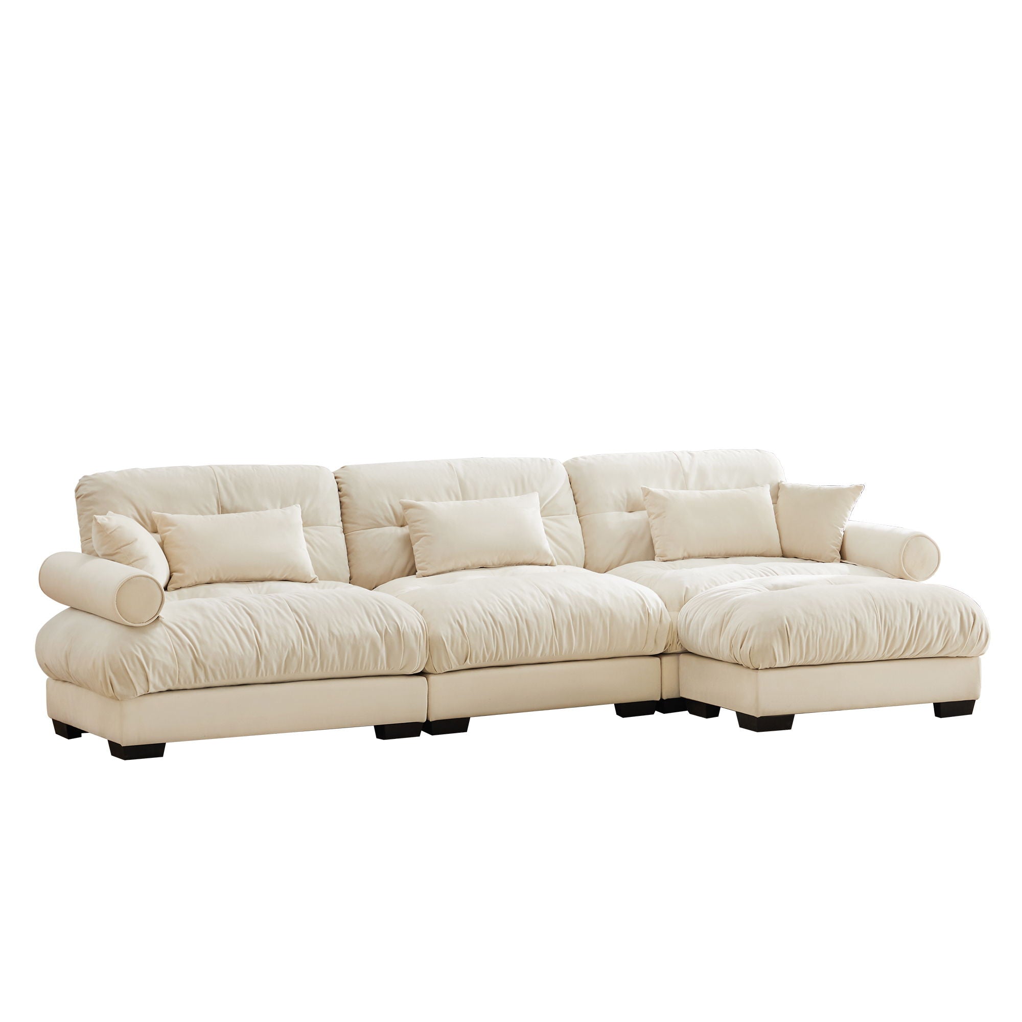 Modern Sectional Sofa With Ottoman, Round Bolster Armrests, Waist And Throw Pillows