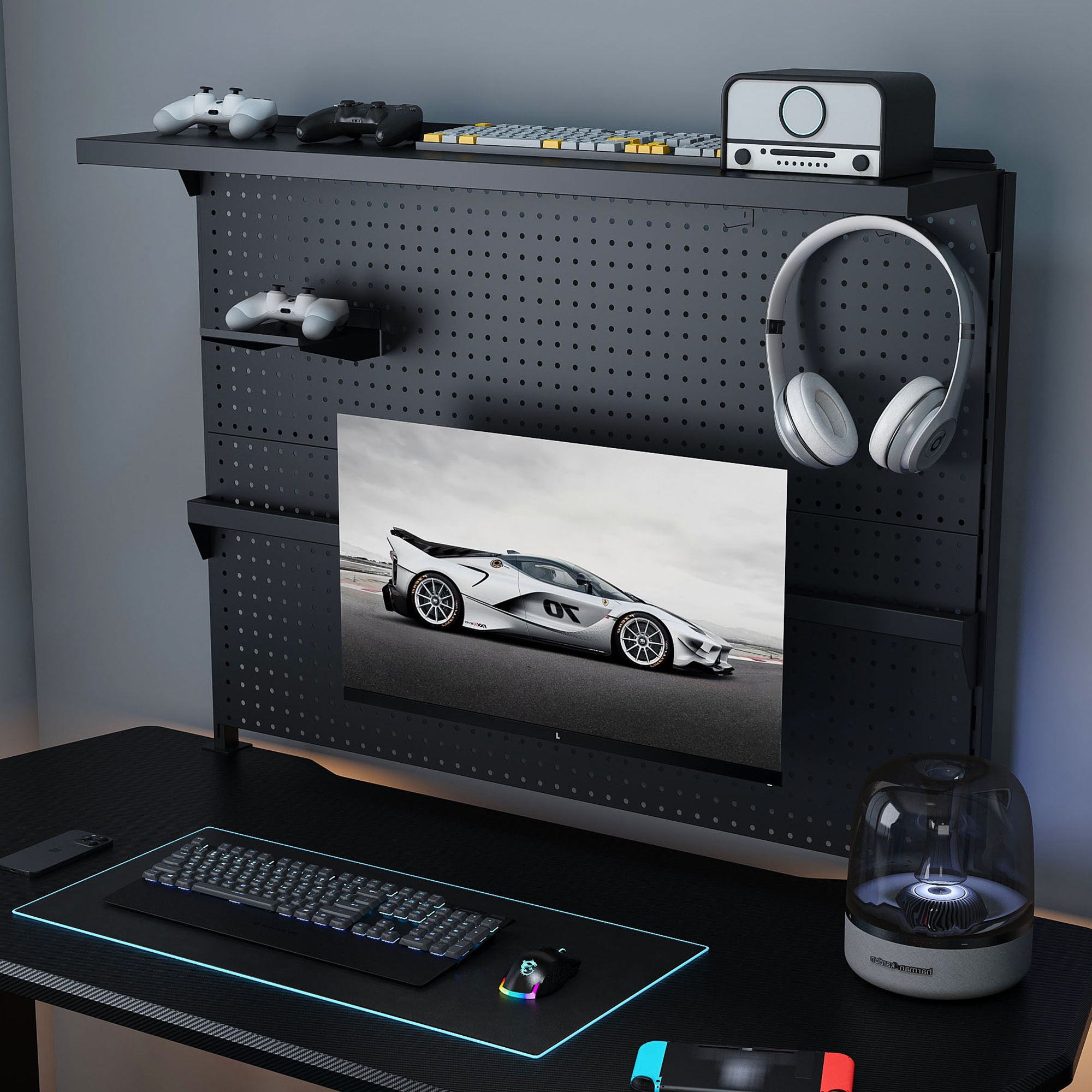 Clamp On Desk Pegboard With Single Monitor Stand