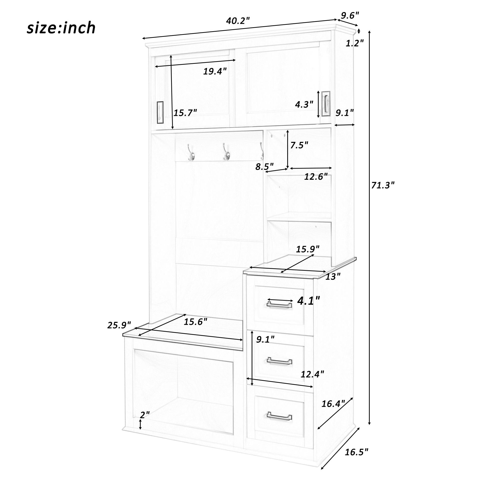 Modern Wide Hall Tree With Coat Rack, 3 Shelves And Drawers, 3 Sturdy Hooks