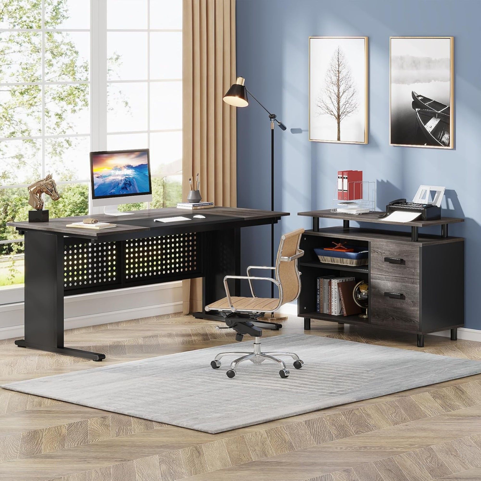 L-Shaped Executive Desk With File Cabinet , Office Workstation With Drawers, Shelves & Storage