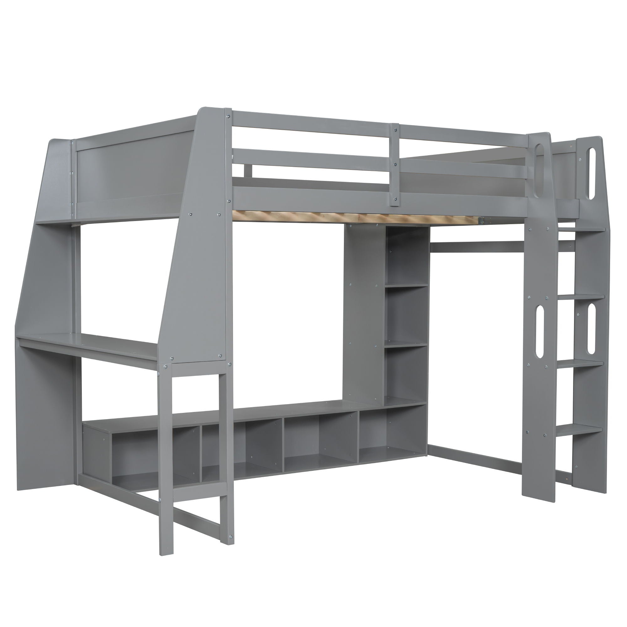 Full Size Gaming Loft Bed With Desk, Multi Storage Shelves, LED Lighting, And Hanging Clothes Rack - Gray