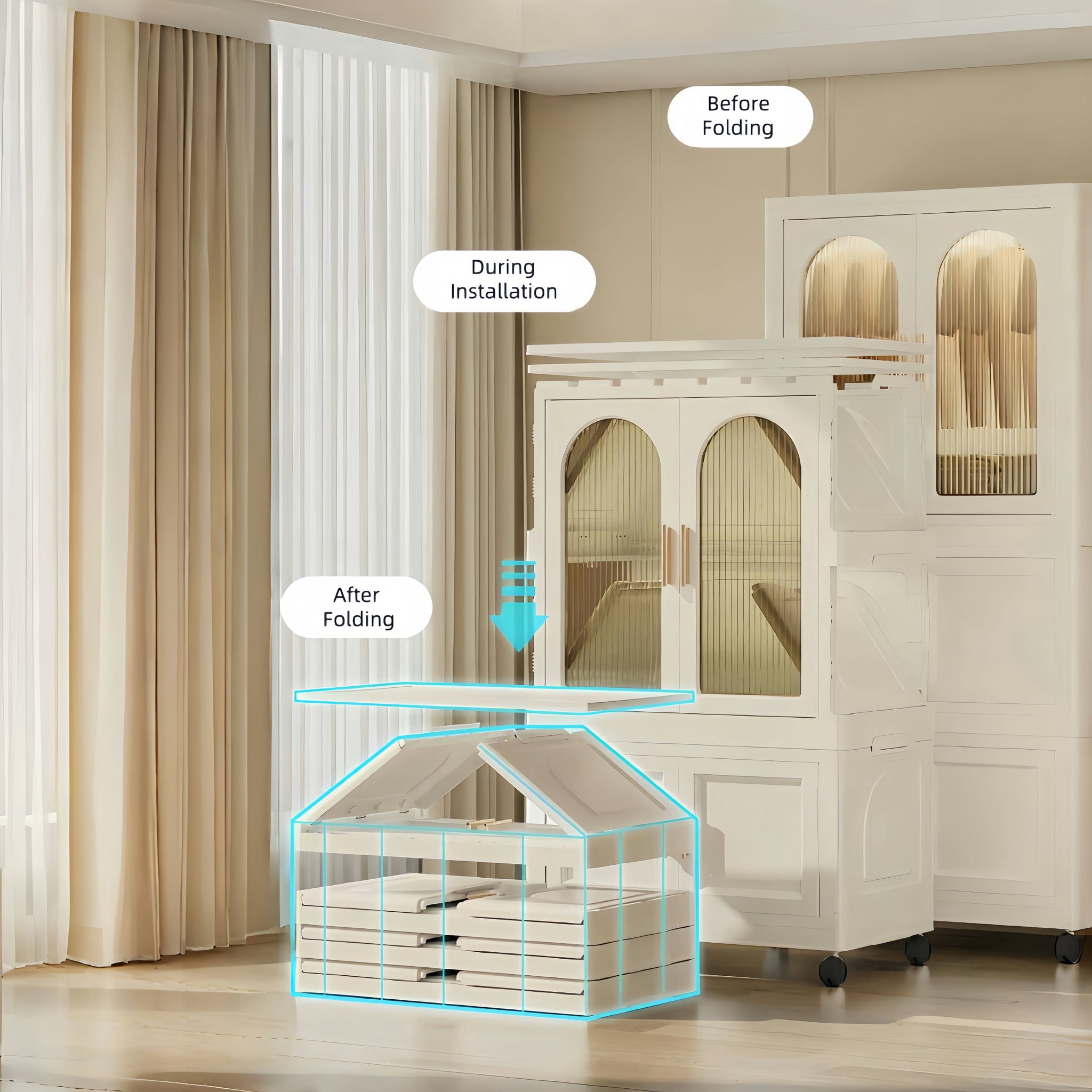 Folding Wardrobe Cabinet With Magnetic Doors, Wheels And Hangers