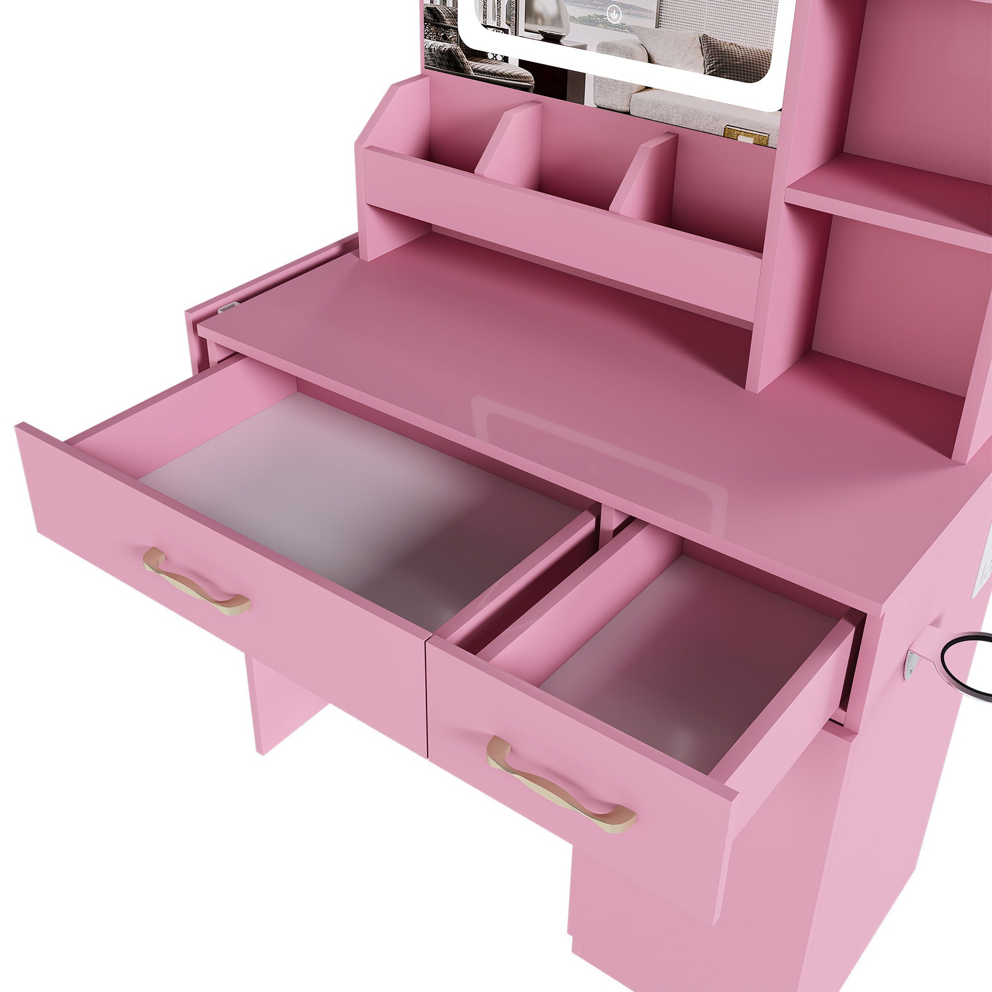 Vanity Desk With LED Mirror Lights And Power Outlet Charging Station, 3 Drawers, 7 Shelves, Storage Stool - Pink