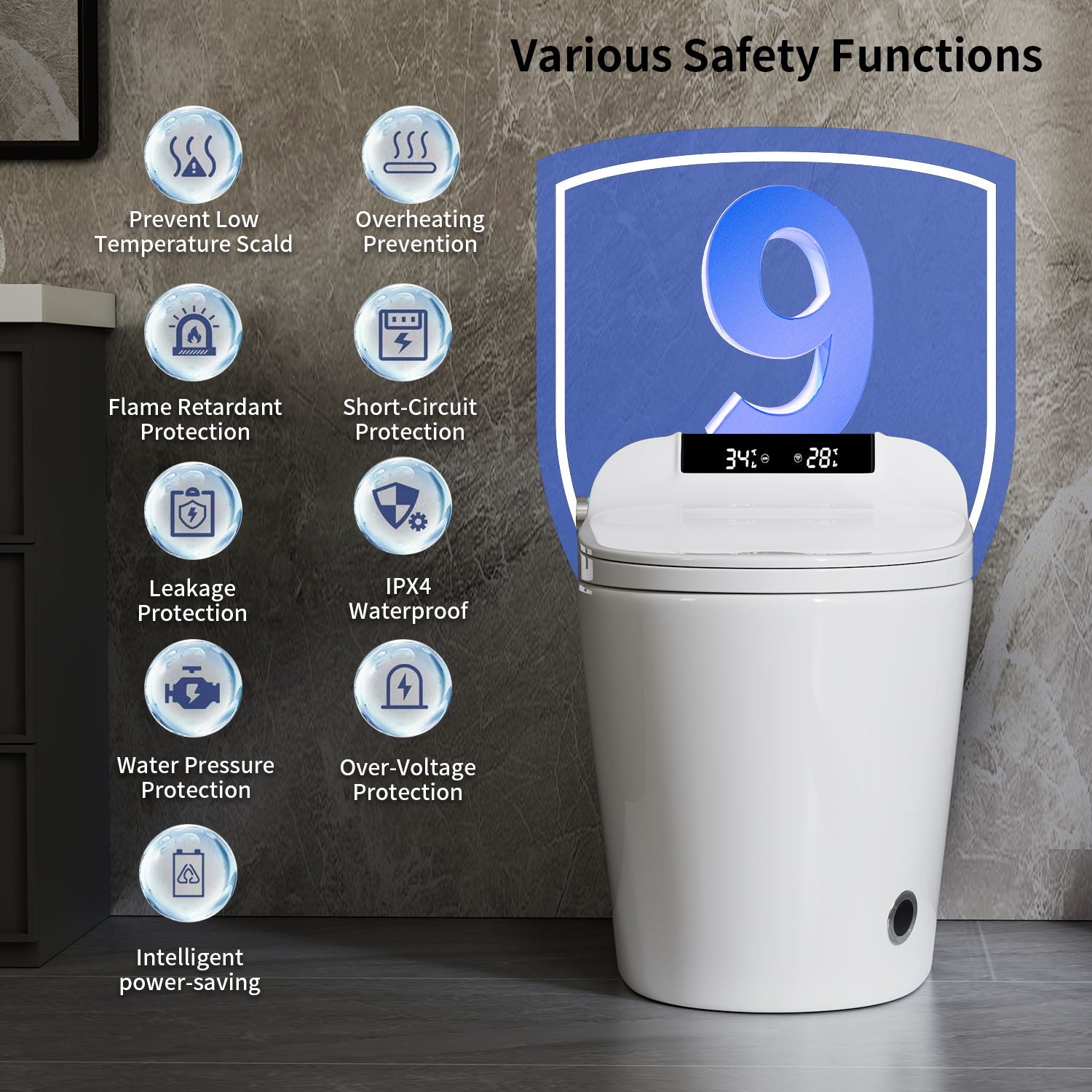 Smart Toilet Bidet Combo With Foot Sensor Open Cover / Seat, Self Cleaning Nozzle, LED Display, Three Level Heated Seat / Airflow, Night Light, Knob Control, Soft Close, Auto Flush, With Remote Control - Gloss White