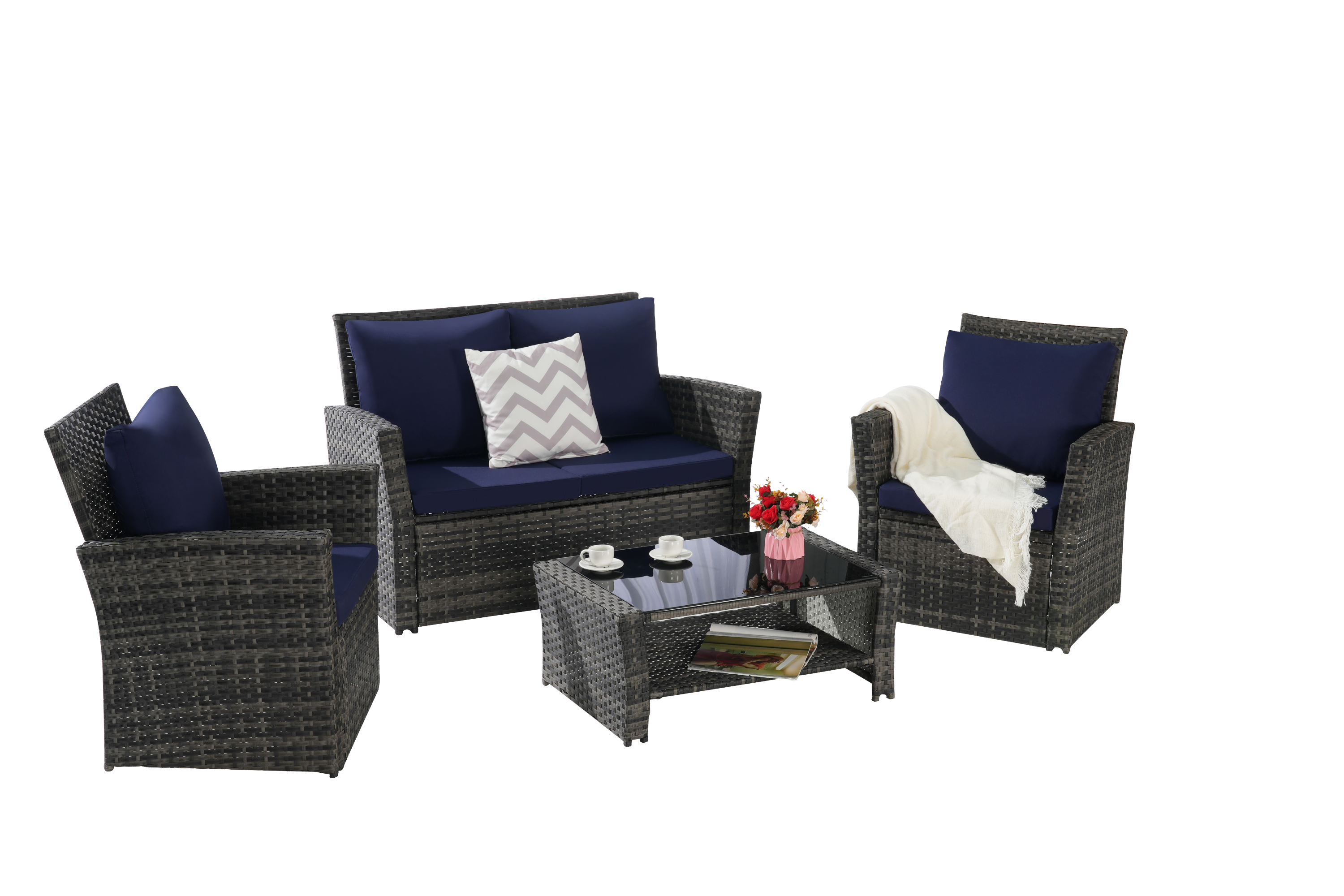 4 Pieces Outdoor Patio Furniture Set with Rattan Chairs and Tempered Glass Table