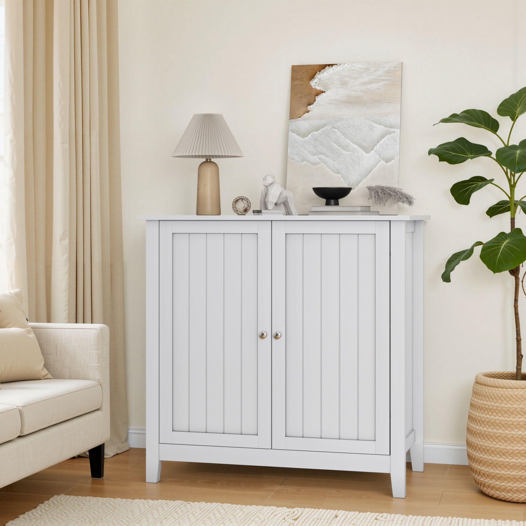 Mid Century Modern Double Door Storage Cabinet With Knobs - White