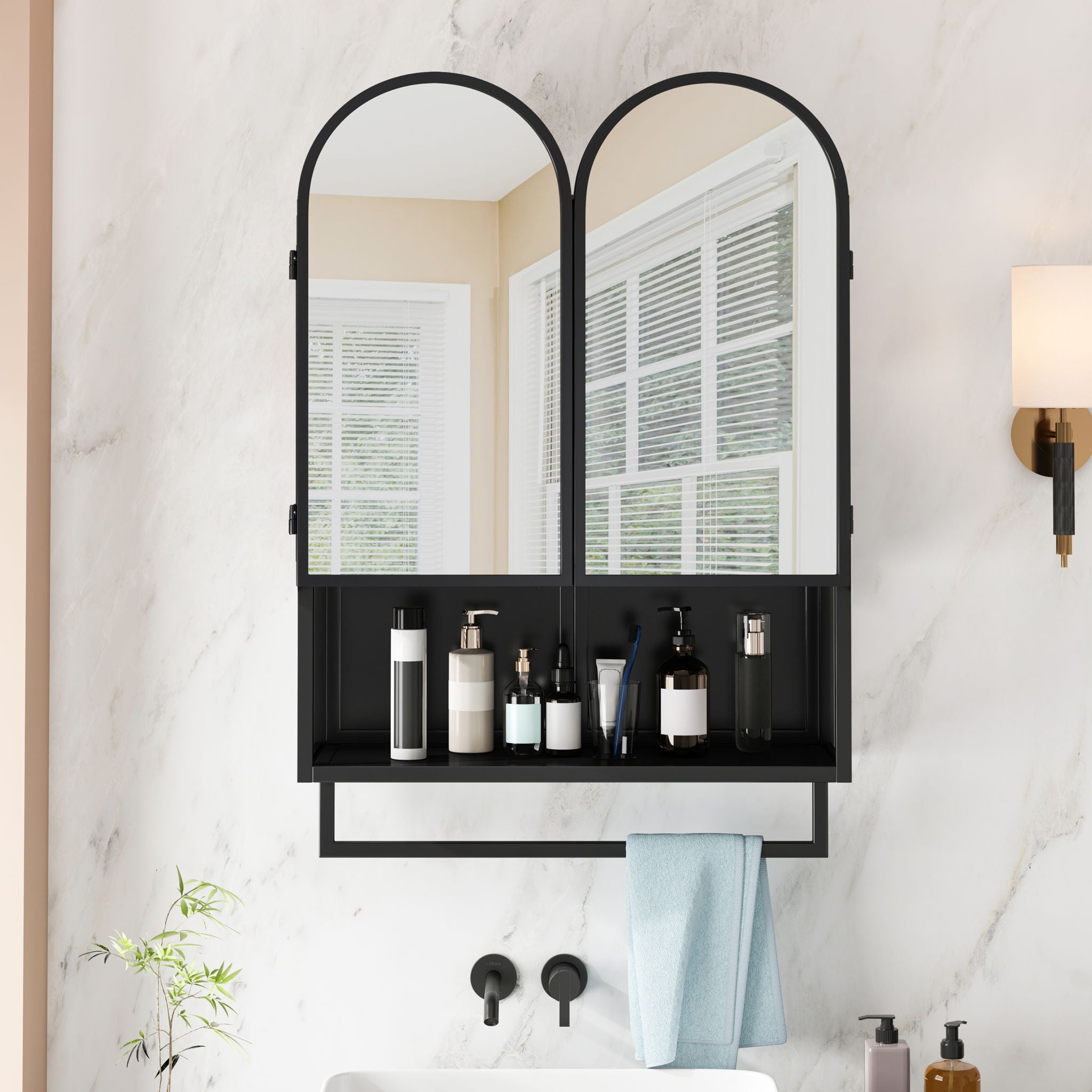 Double Arched Mirror Wall Cabinet With 2 Doors, Featuring Adjustable Shelves And Towel Rack