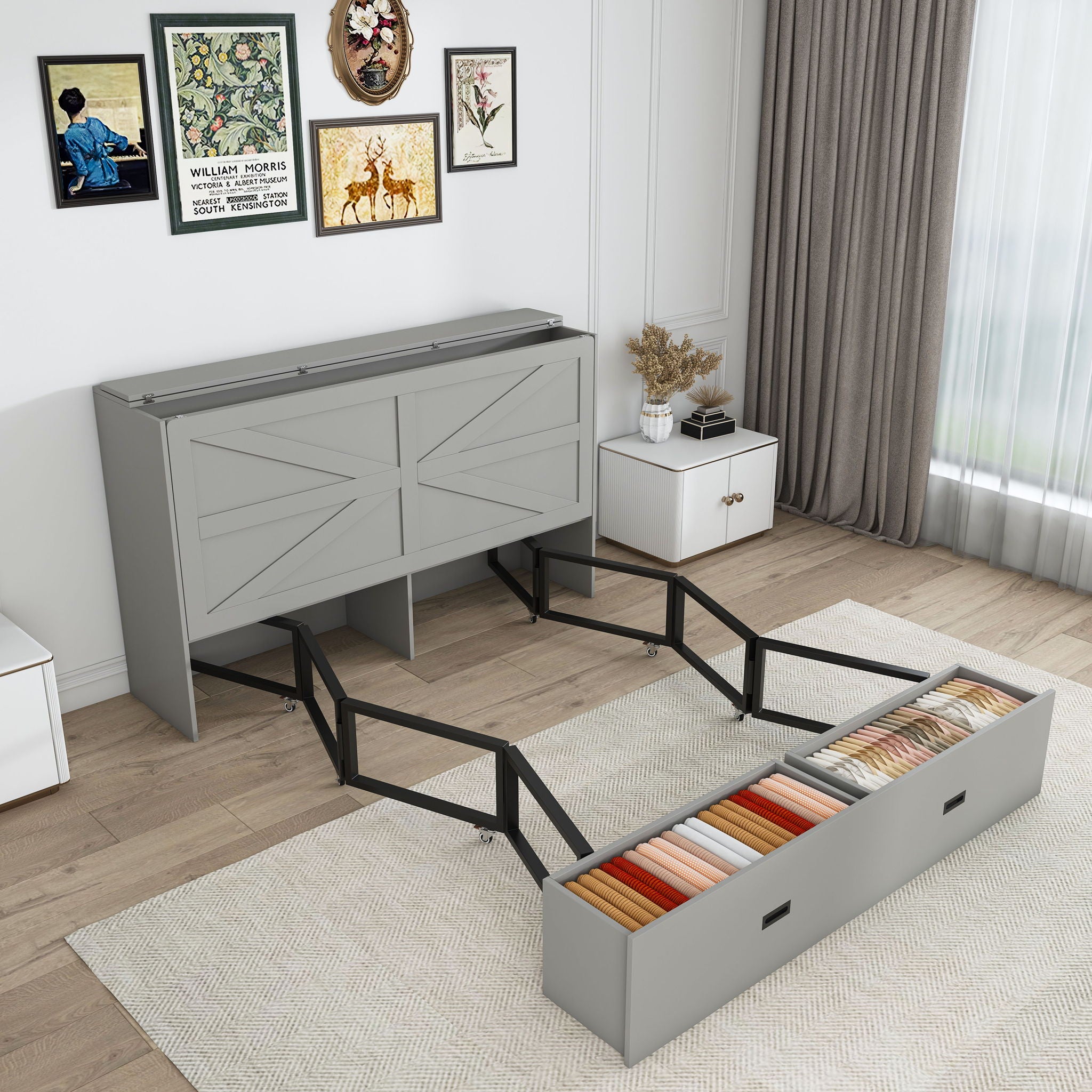 Murphy Bed With Storage Drawers And Charging Cabinet, Foldable Panels, Swivel Wheels