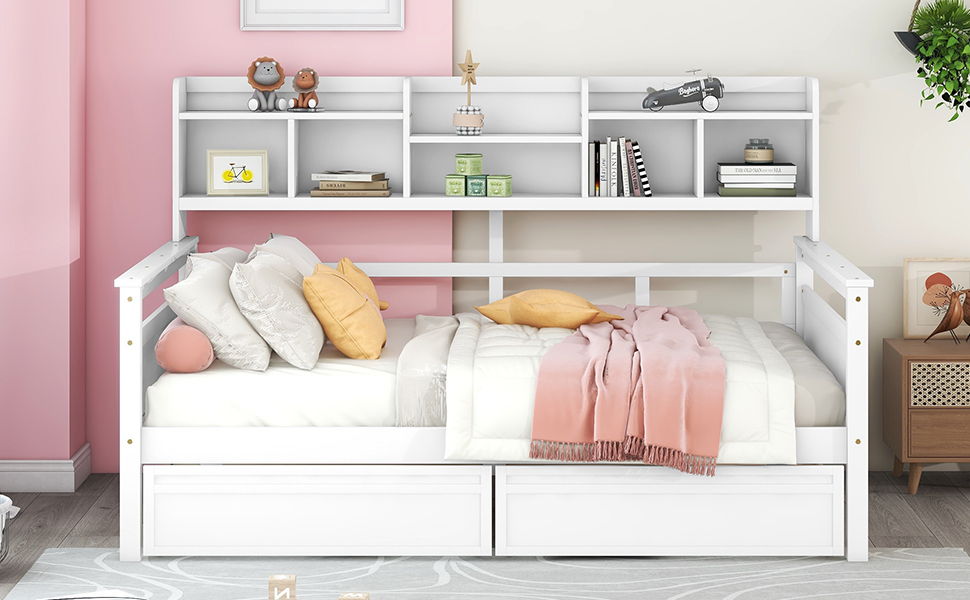 Daybed, Wood Slat Support, With Bedside Shelves And Two Drawers