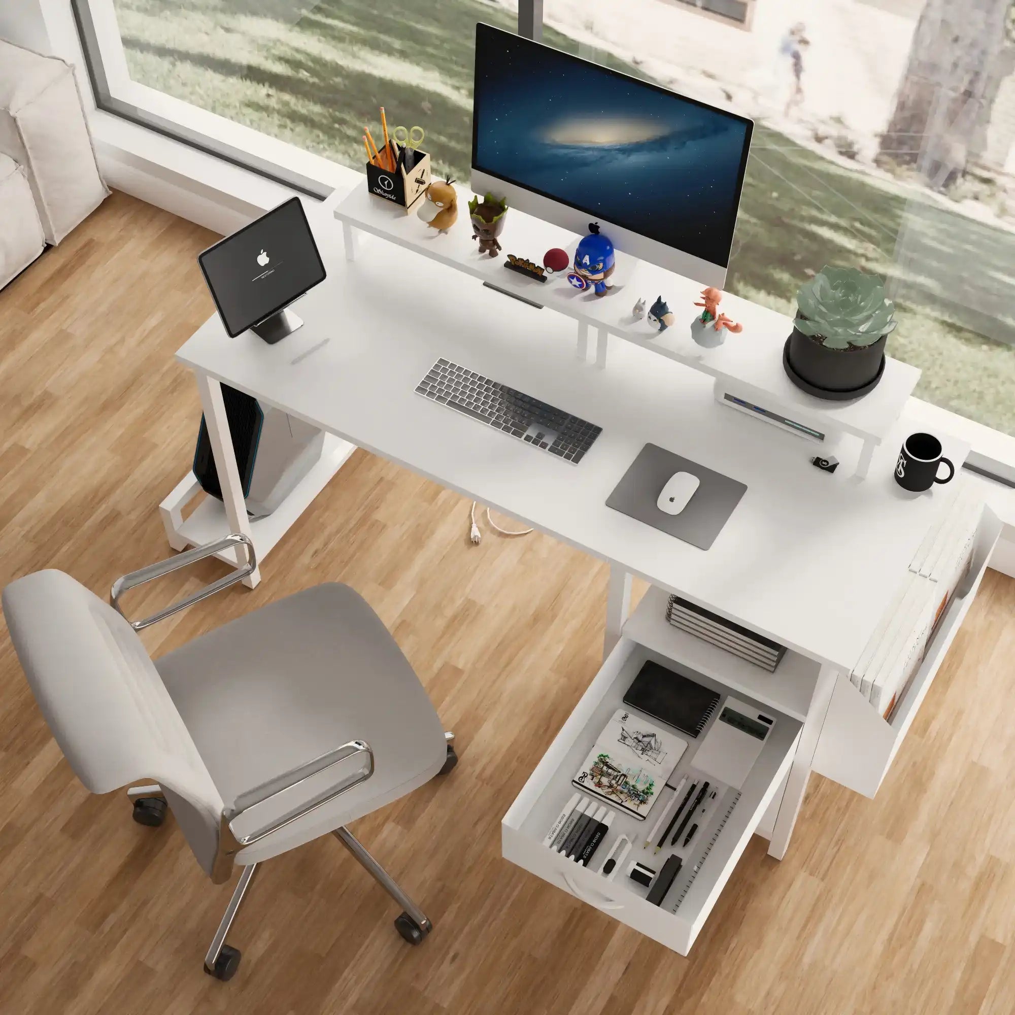 47.3" White Office Desk with Power Outlet and Monitor Stands - Best Buy Furniture