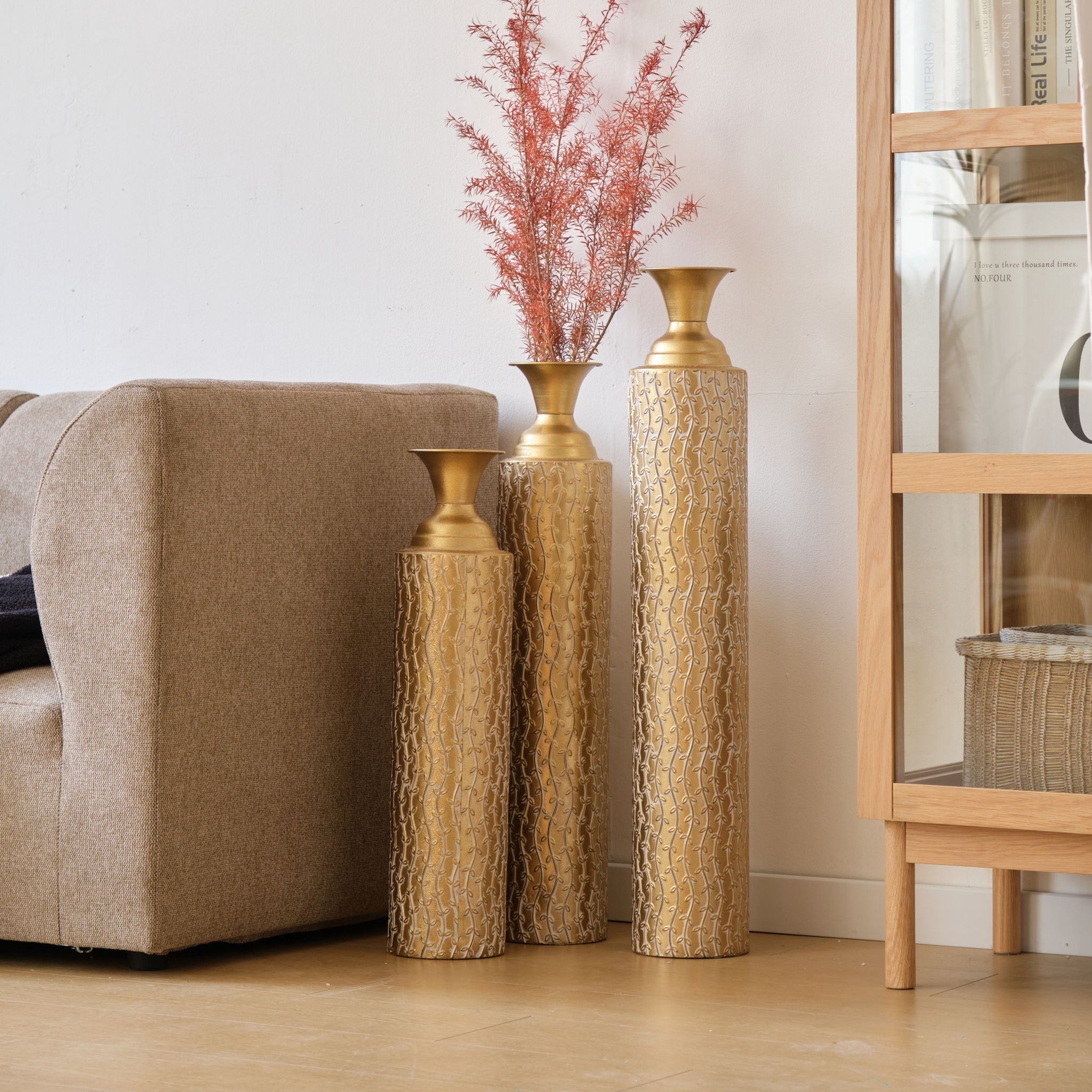 Metal Decorative Vases High Distress Metal Center Vases With Growing Vine Patterns, (Set of 3) Vases For Home Decoration - Gold - Best Buy Furniture