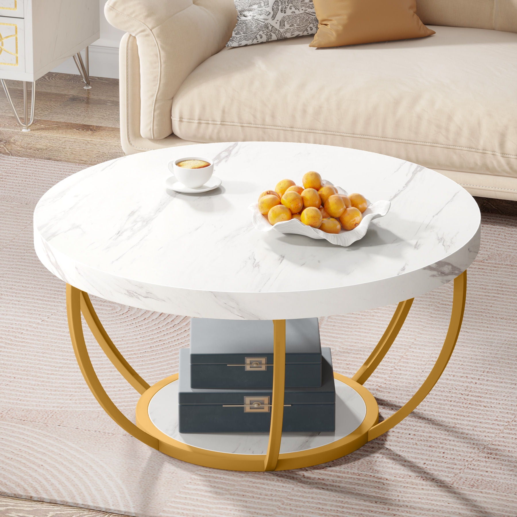 2 Tier Circle Coffee Table With Storage Shelves