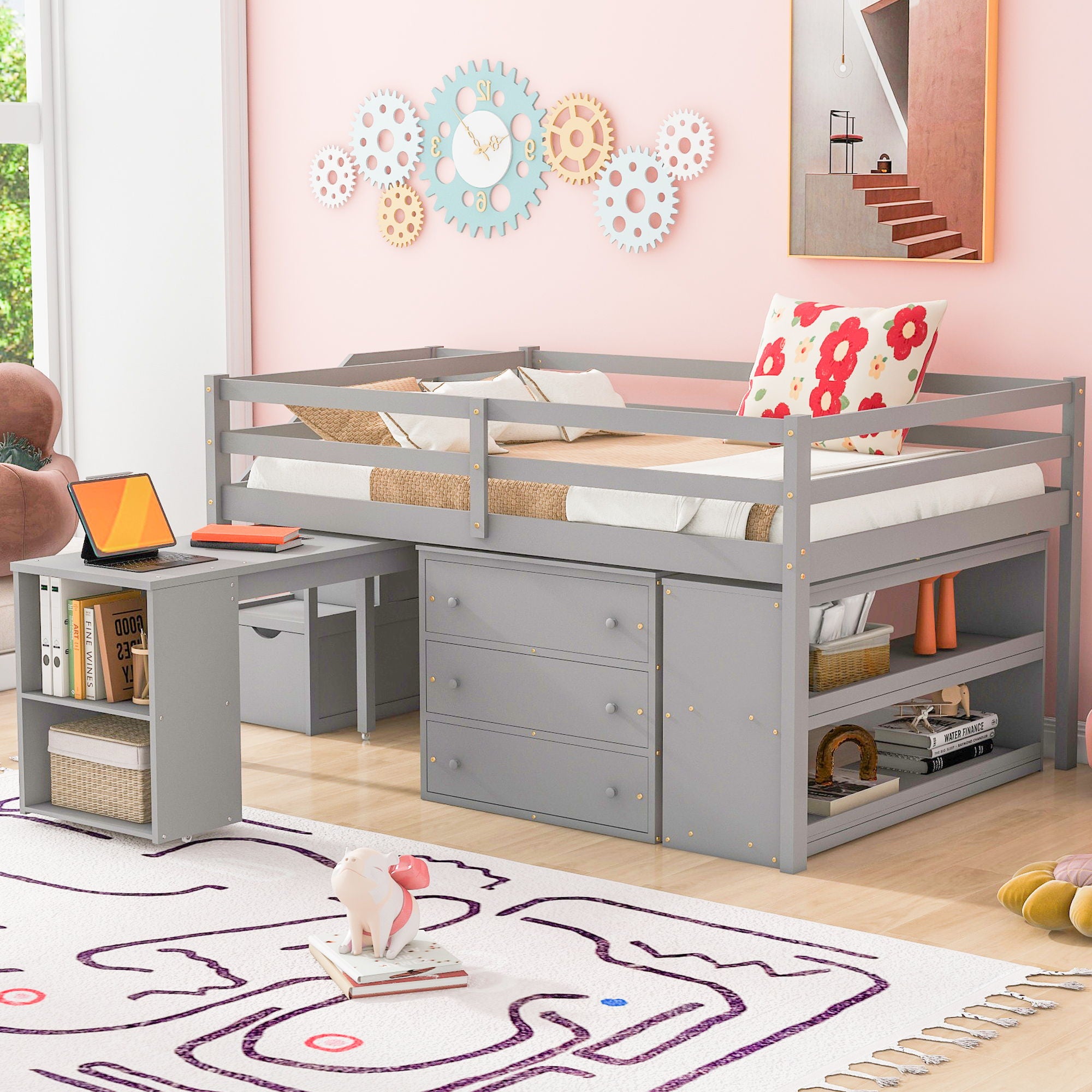 Loft Bed With Retractable Writing Desk And 3 Drawers With Storage Stairs And Shelves
