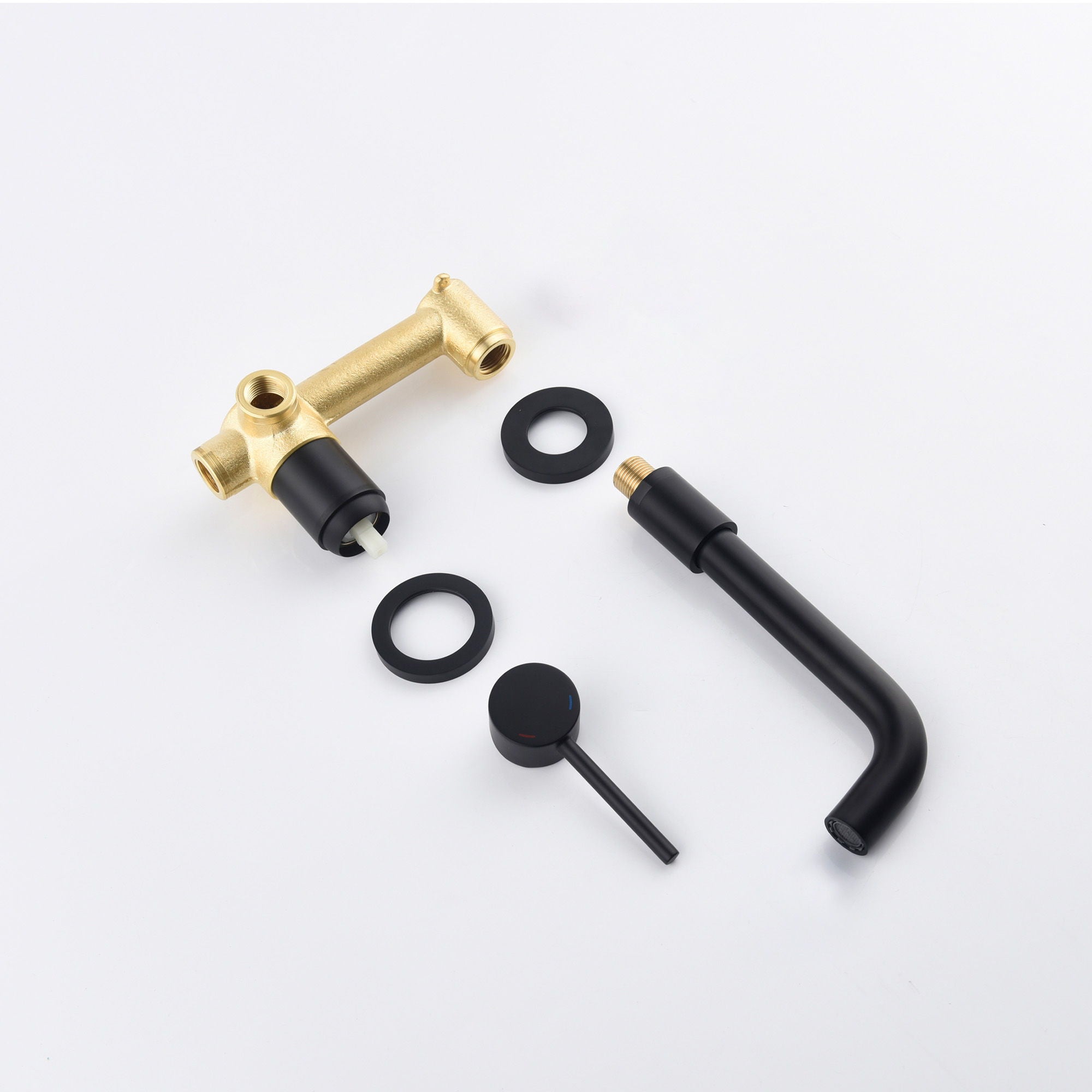Modern Wall Mount Single Handle Bathroom Sink Faucet, Curved Spout - Matte Black Brass