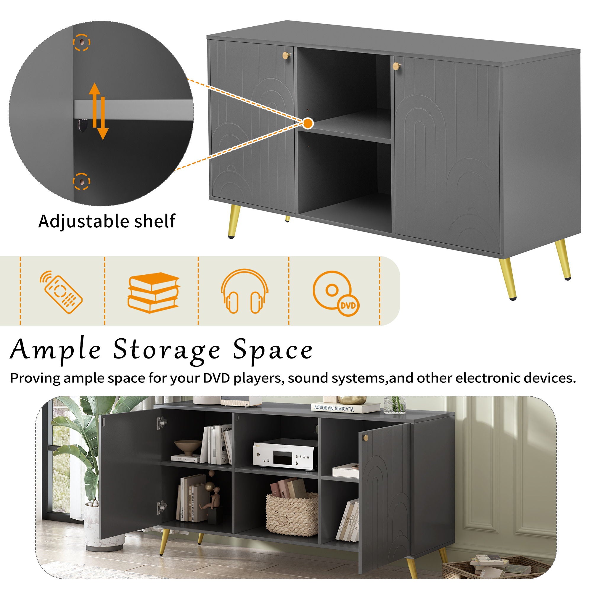 Modern TV Stand With Adjustable Shelf, Handles And Anti-Tip Device