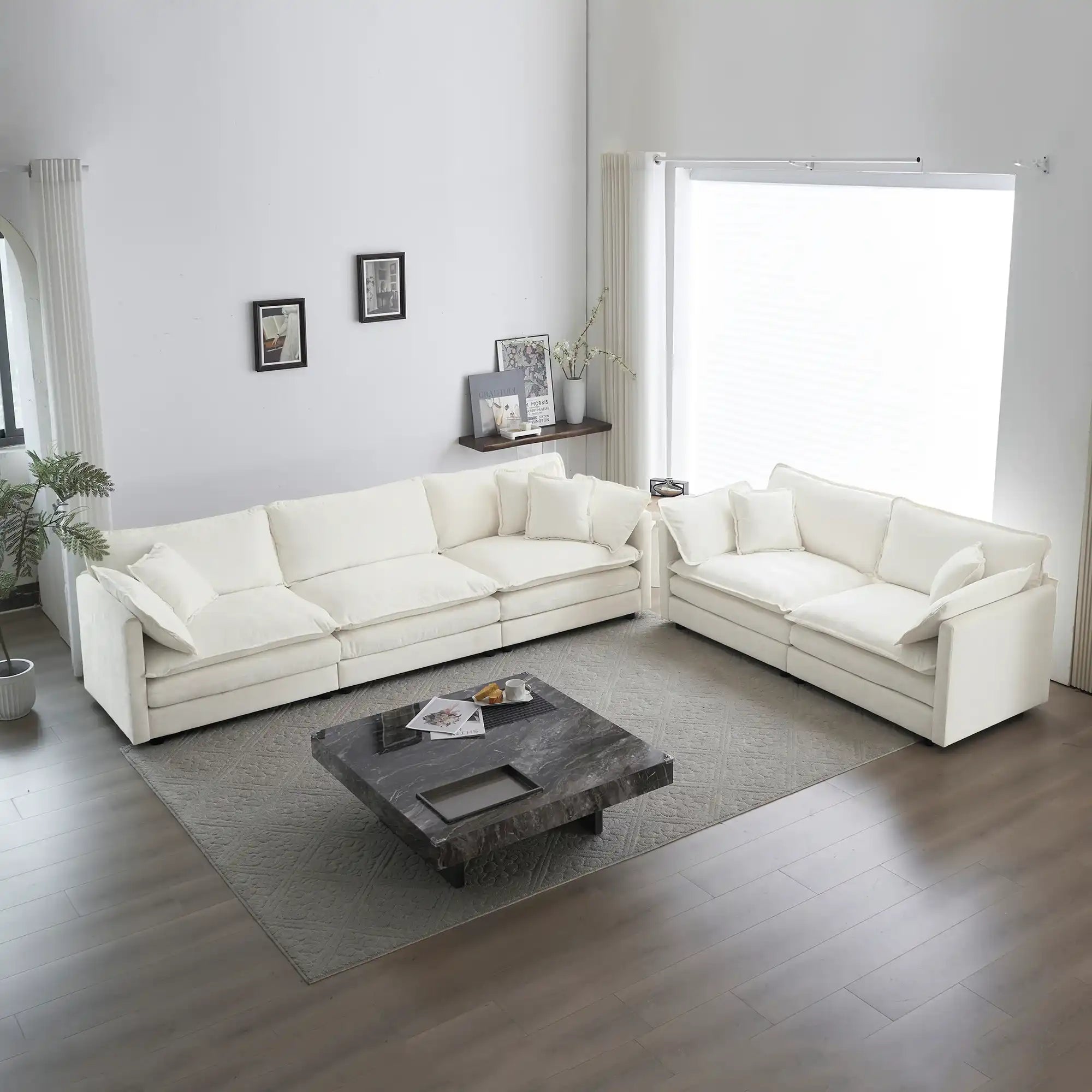 2+3 Seater Modern Chenille Sofa Set, White