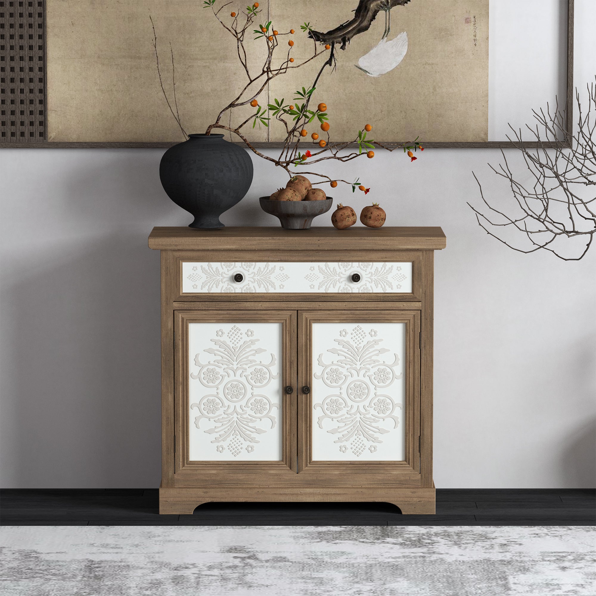 Rustic Vintage Accent Cabinet with Carved Floral Panels