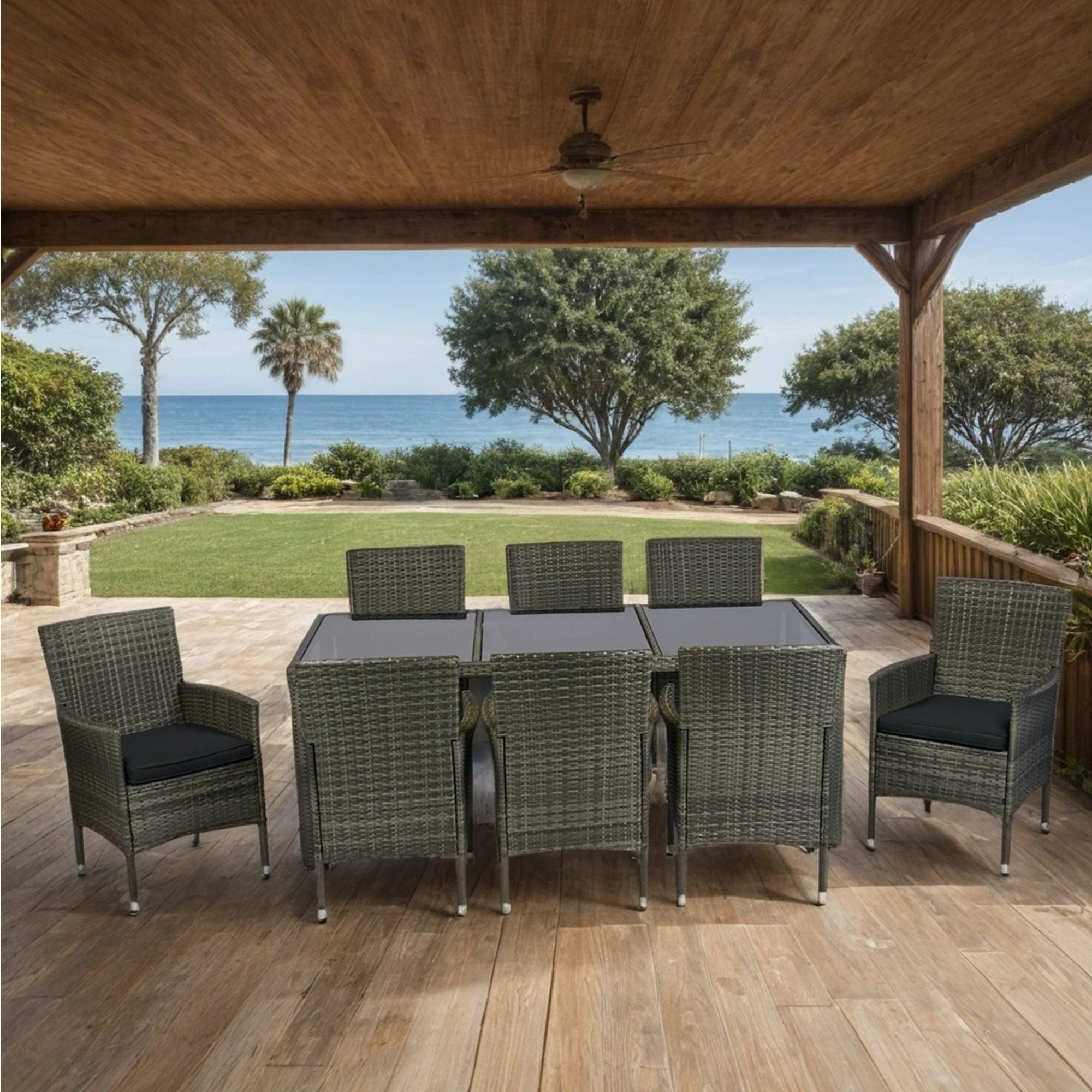 9 Piece Outdoor Patio Wicker Dining Set Patio Wicker Furniture Dining Set Glass Top - Gray / Black