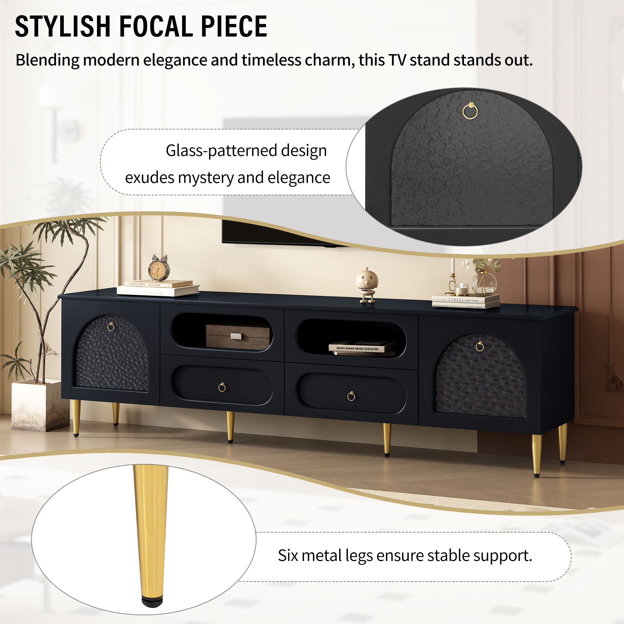 Retro TV Stand With 6 Metal Legs, 2 Cabinets, 4 Drawers And Anti-Tip Device