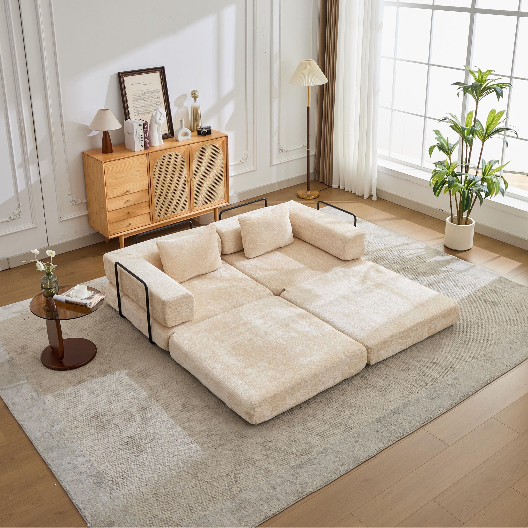 Convertible Floor Sofa Bed With Fixed Shape Frame, Loveseats Boneless Modular Sectional, For Living Room - Beige