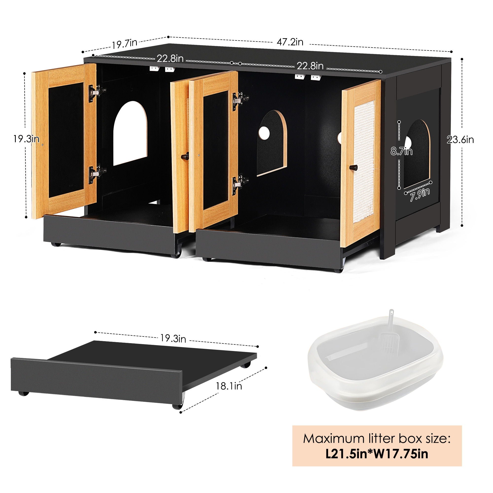 Double Litter Box Enclosure, Cat Litter Box Enclosure For 2 Cats, Hidden Litter Box Furniture With Rattan Doors - Black - Best Buy Furniture