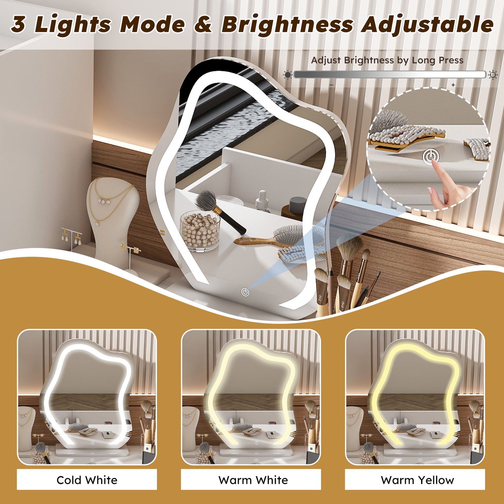 Vanity Dressing Table With LED Mirror & Storage Makeup Desk With 3 Drawers, 2 Open Shelves & 4 Hidden Cabinets - White - Best Buy Furniture