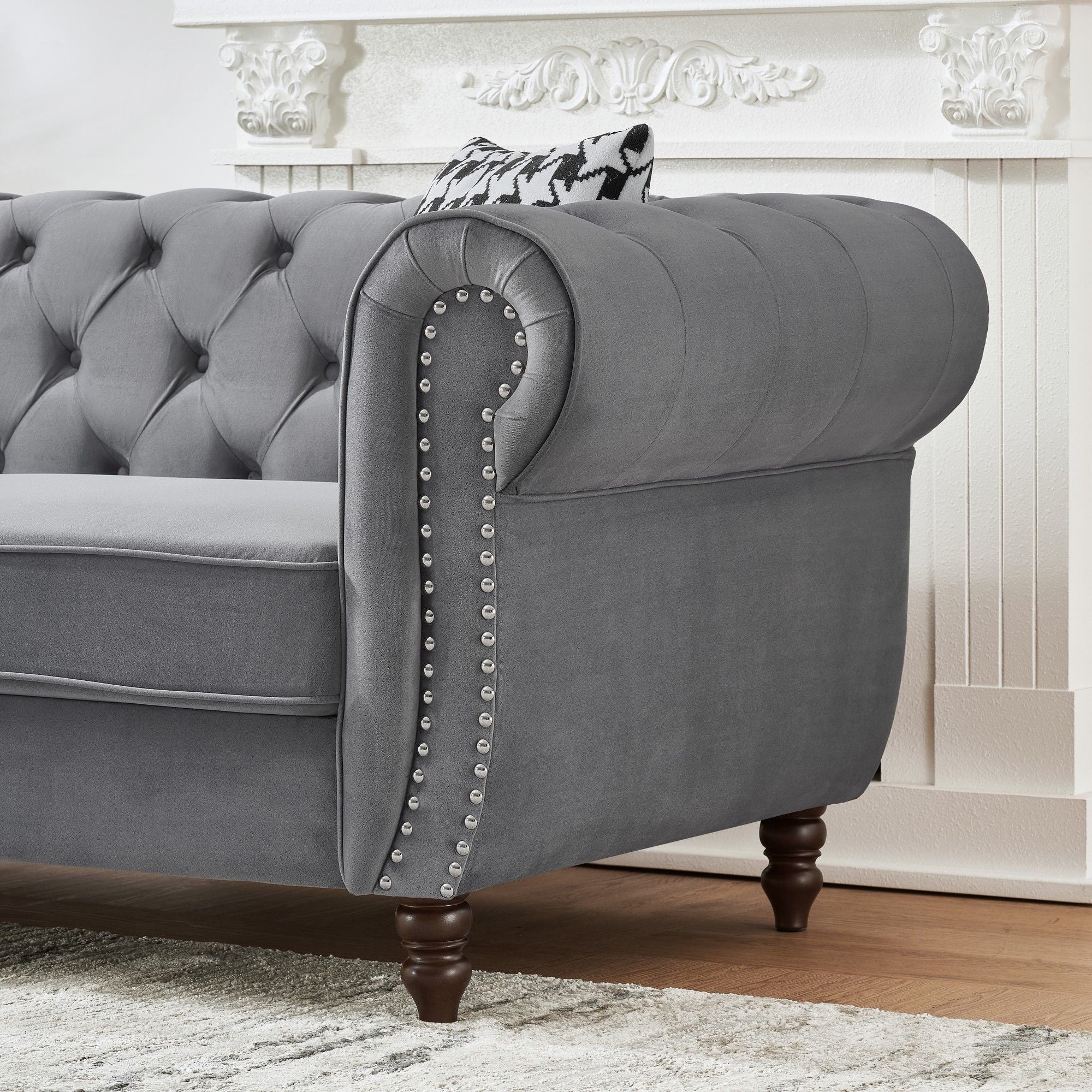 Chesterfield Velvet Upholstery Fabric Sofa With Roll Armrest & Nailhead, Mid Century Modern 3 And 3 Seater Couch
