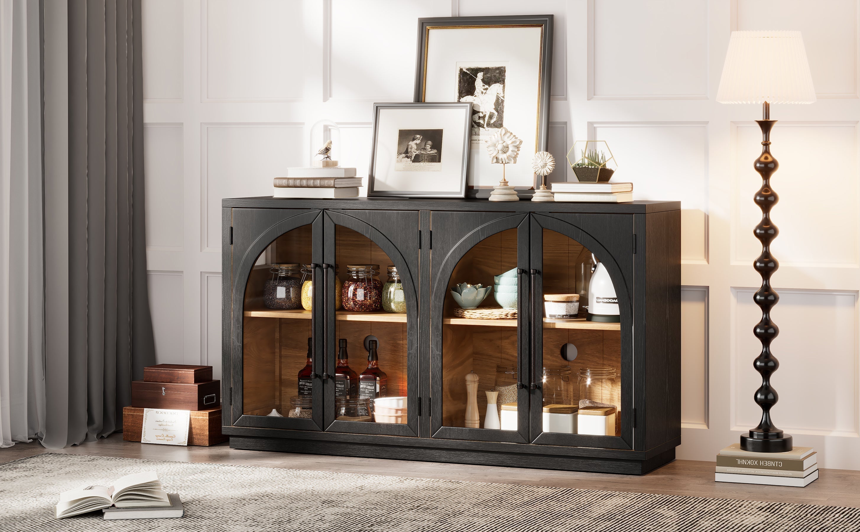 4-Door Large Storage Sideboard Buffet Cabinet with Glass Doors Arched Cabinet (Black)