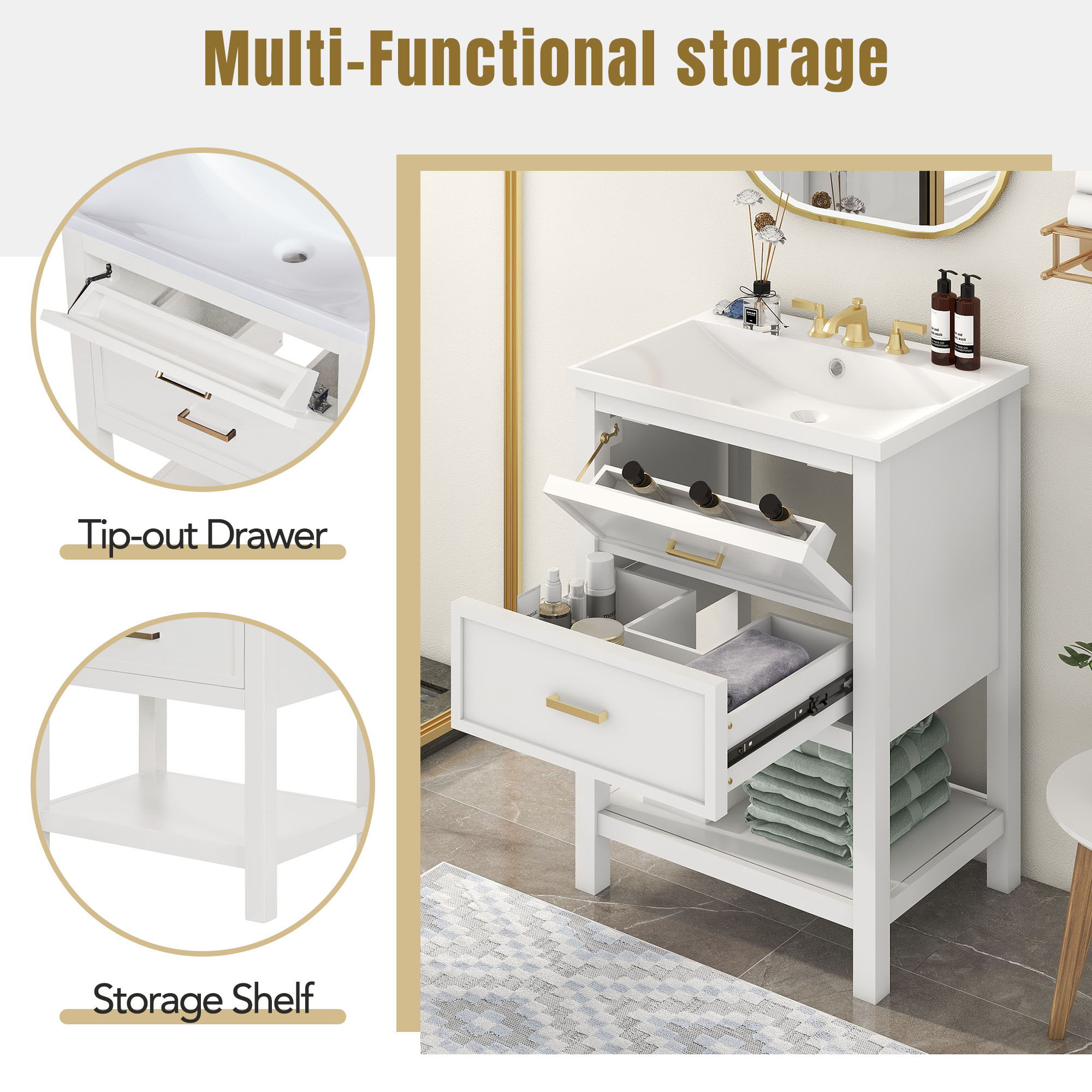 Bathroom Vanity With Top Sink, Modern Bathroom Storage Cabinet With 2 Drawers, Single Sink Bathroom Vanity