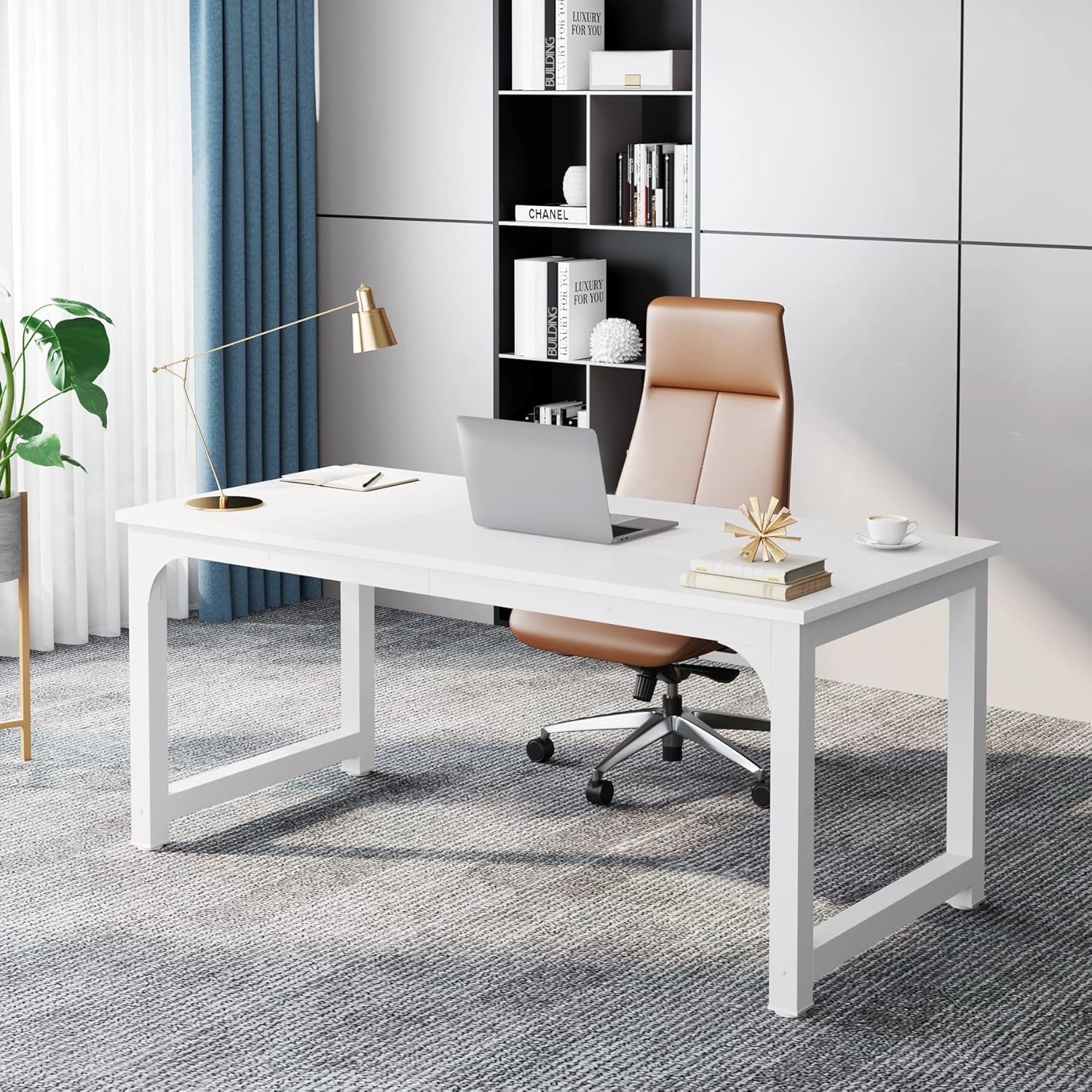 Executive Desk, Large Office Computer Workstation With Thick Frame - White