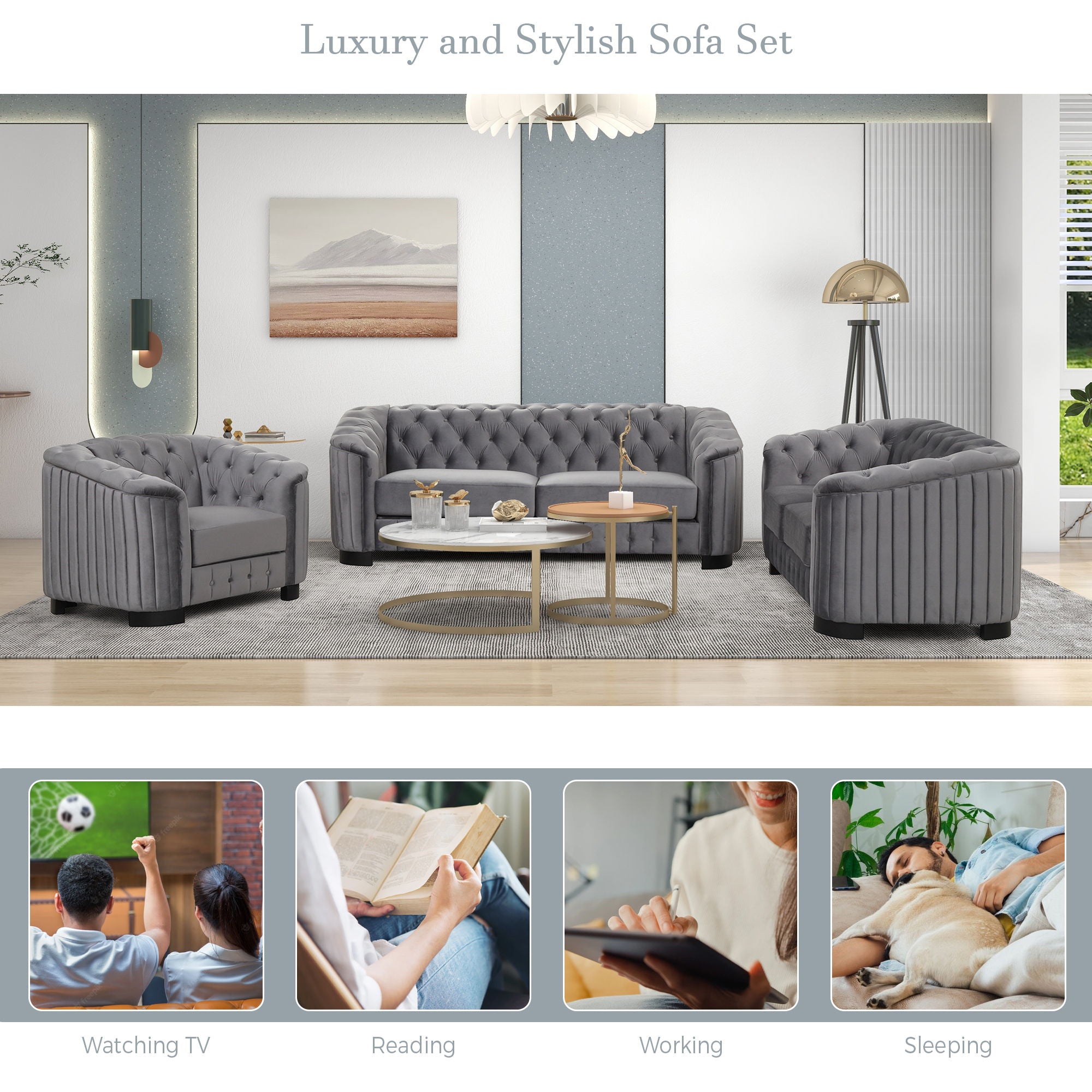 Upholstered 3 Piece Sofa Set With Legs