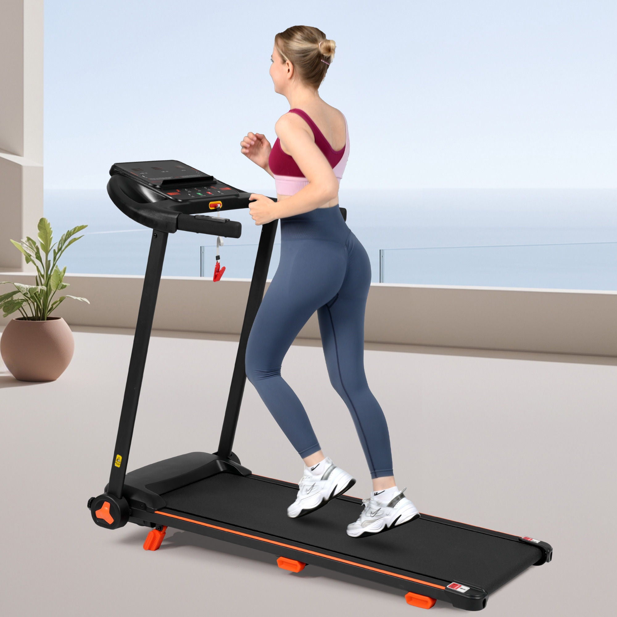 2.5Hp Quiet Folding Treadmill With Heart Rate Sensor, 300Lbs Weight Capacity, With USB Charge Station For Android & Bluetooth Speaker, 6 Shock Absorbing - Black