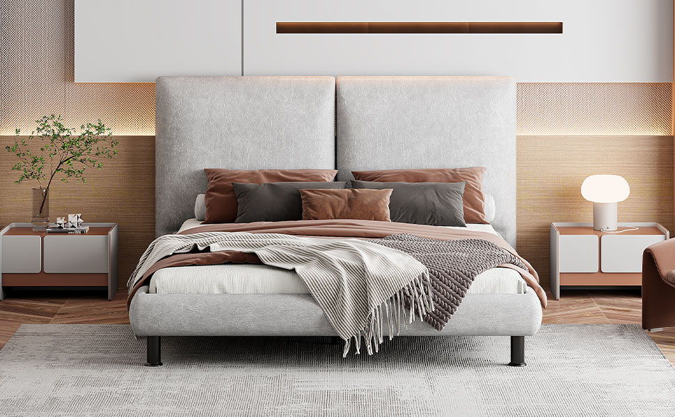 Upholstered Platform Bed With 2 Large Headrests And Thick