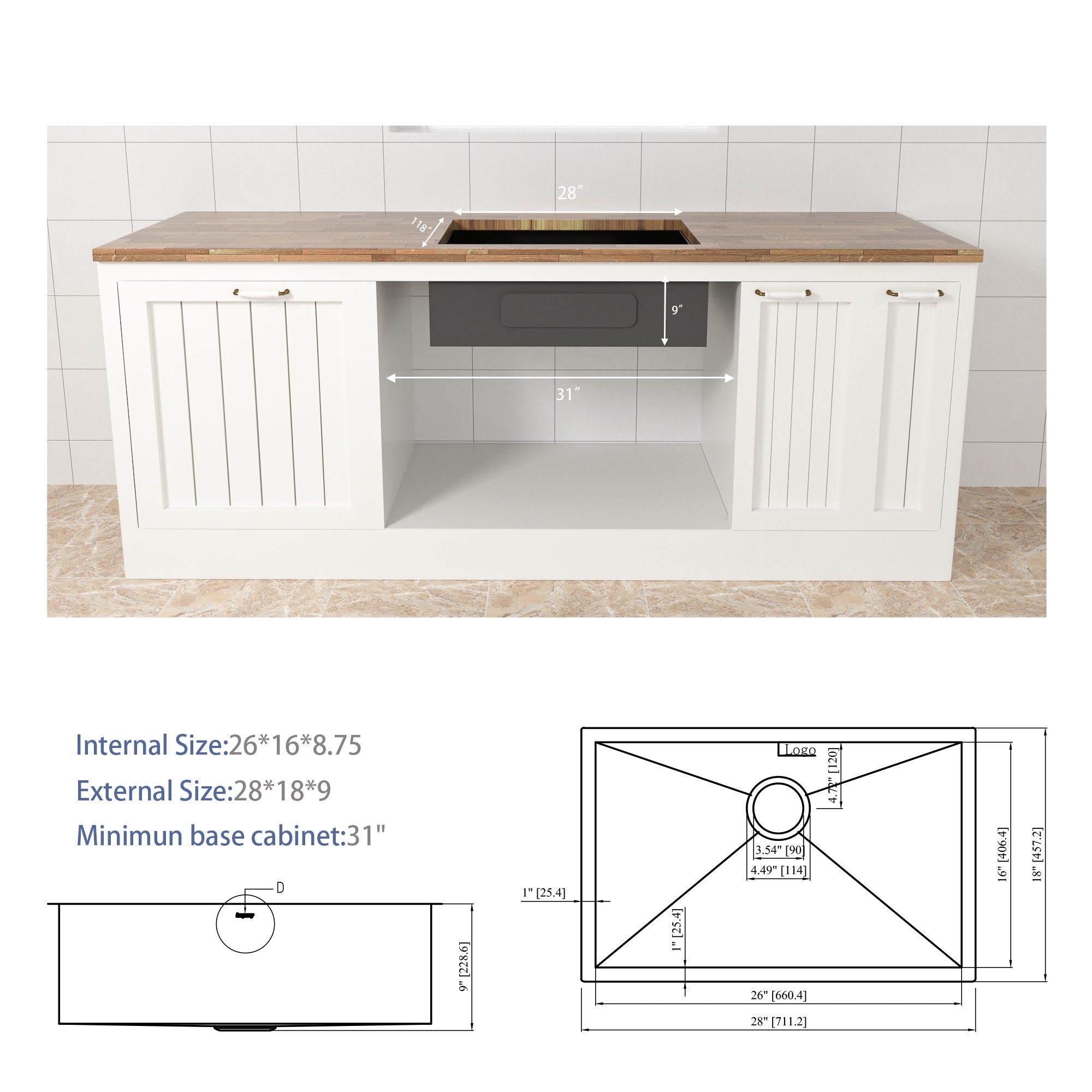 Modern Undermount Stainless Steel Kitchen Sink 16 Gauge, Deep Single Bowl