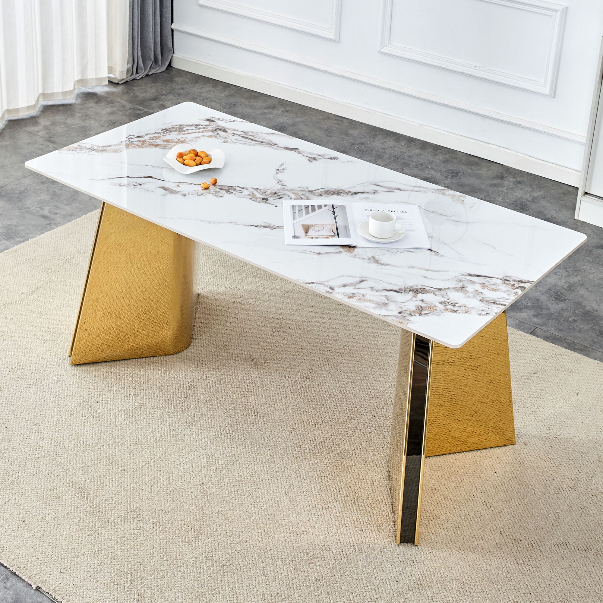 Marble Patterned Slab Dining Table With Steel Butterfly Legs