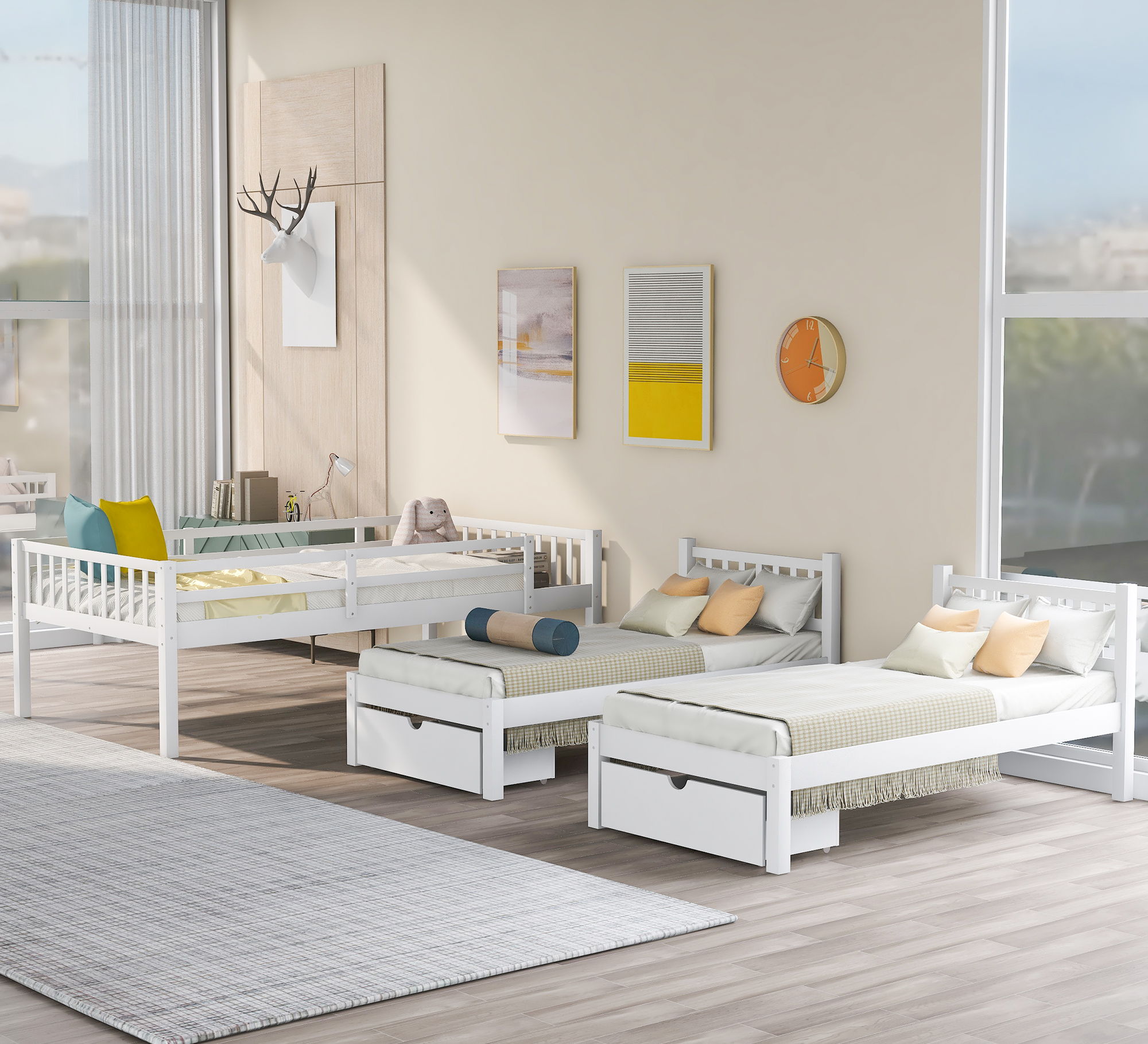 Triple Bunk Bed With Drawers And Guardrails