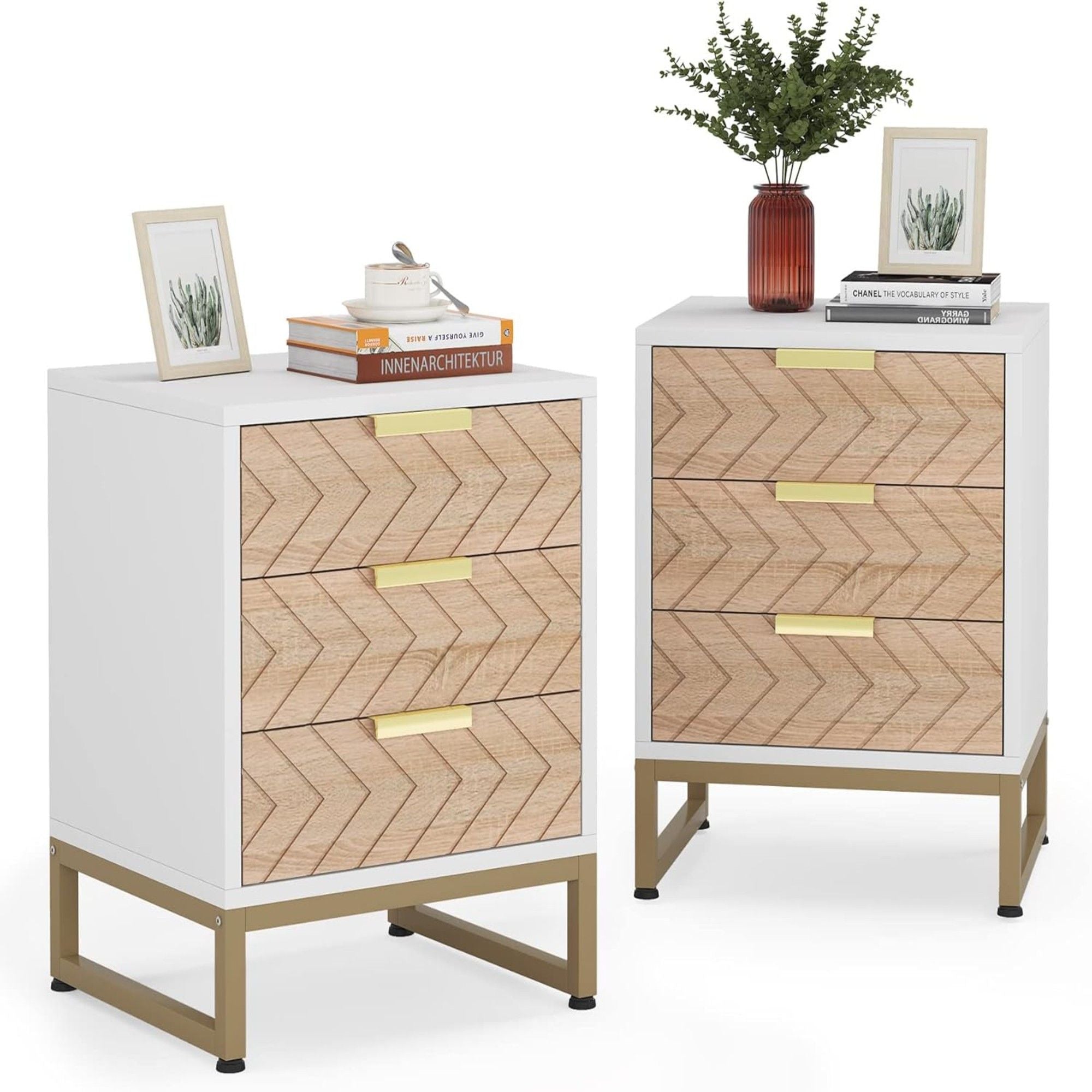 Nightstands With 3 Drawers, Zig Zag Design (Set of 2) - White / Oak