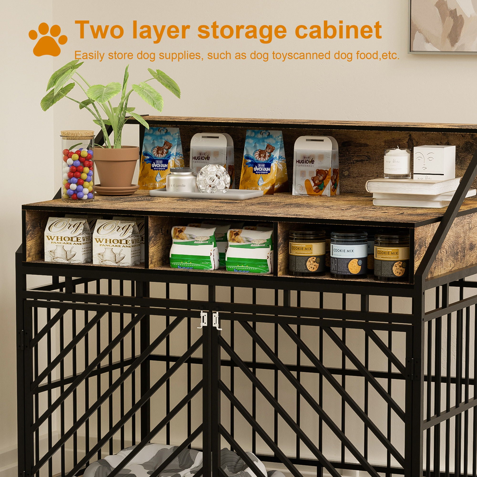 Wooden Dog Crate Furniture With Divider And Storage Drawers For Large Dogs - Rustic Brown