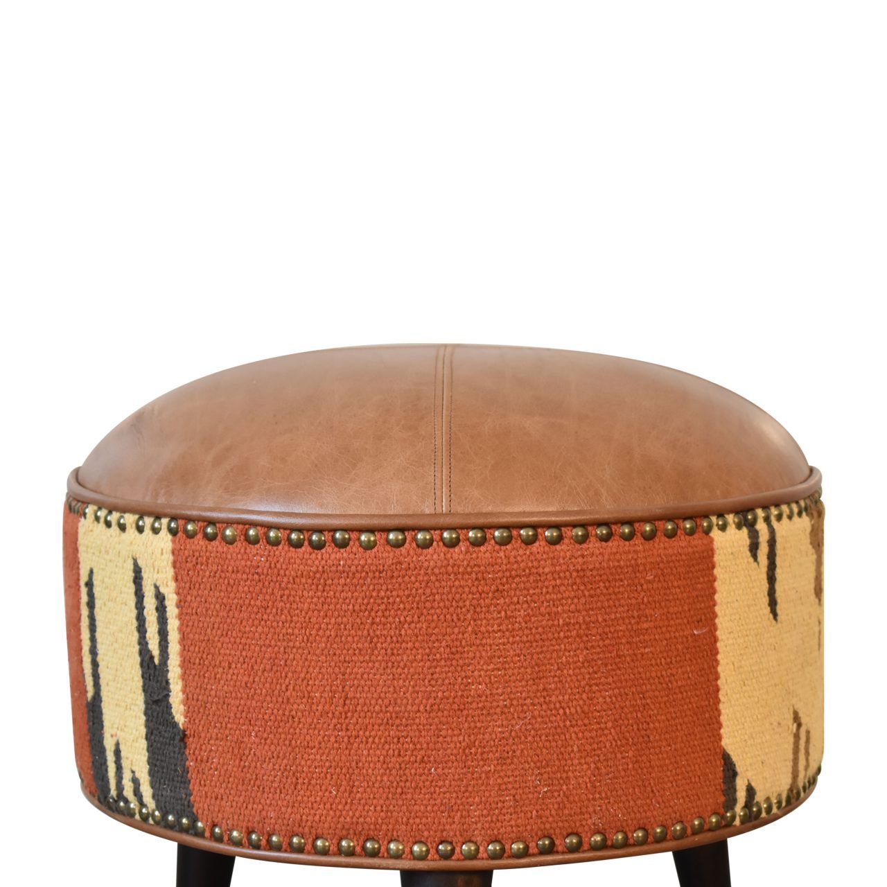 Durrie & Leather Mixed Footstool - Brown