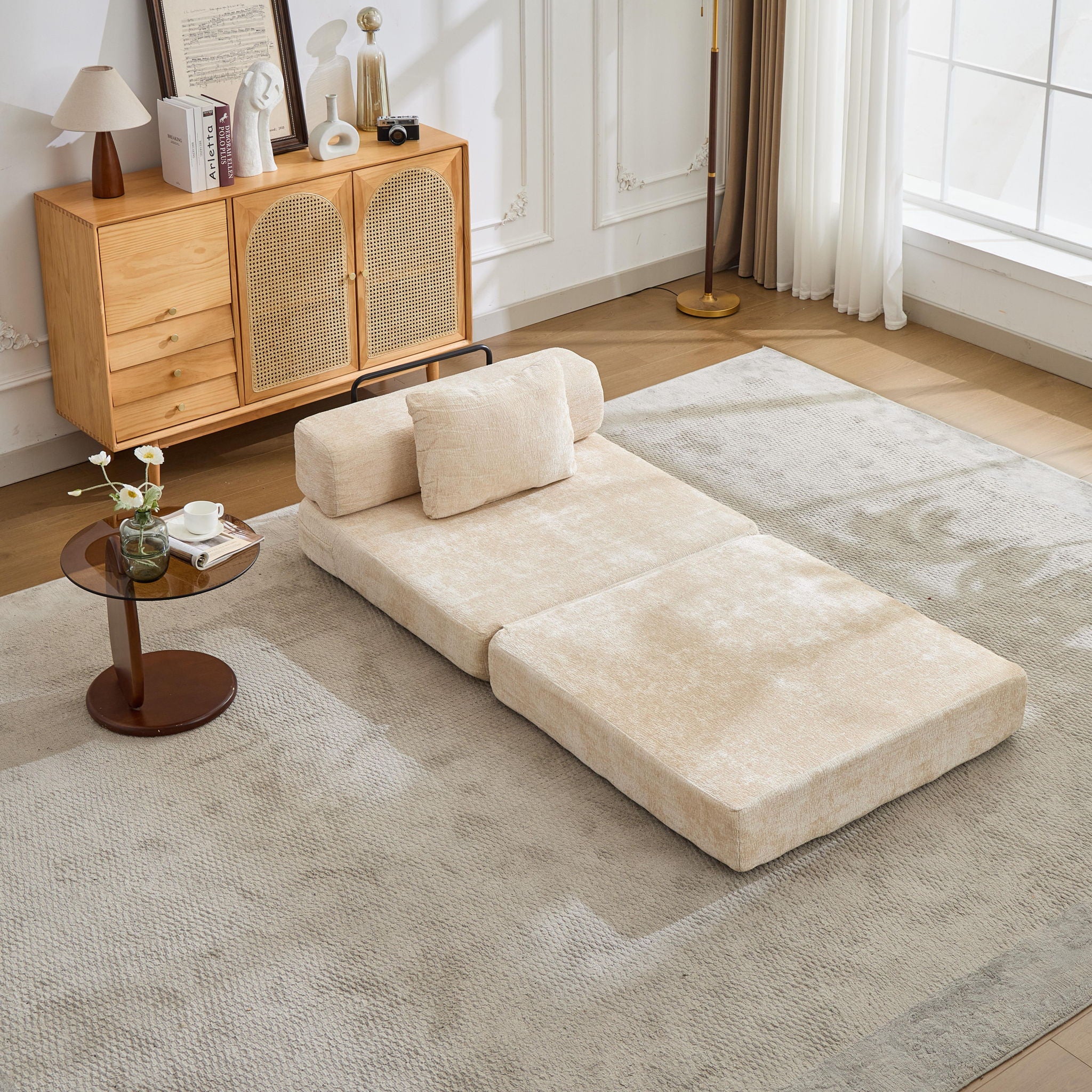 Convertible Floor Sofa Bed With Fixed Shape Frame For Living Room - Beige
