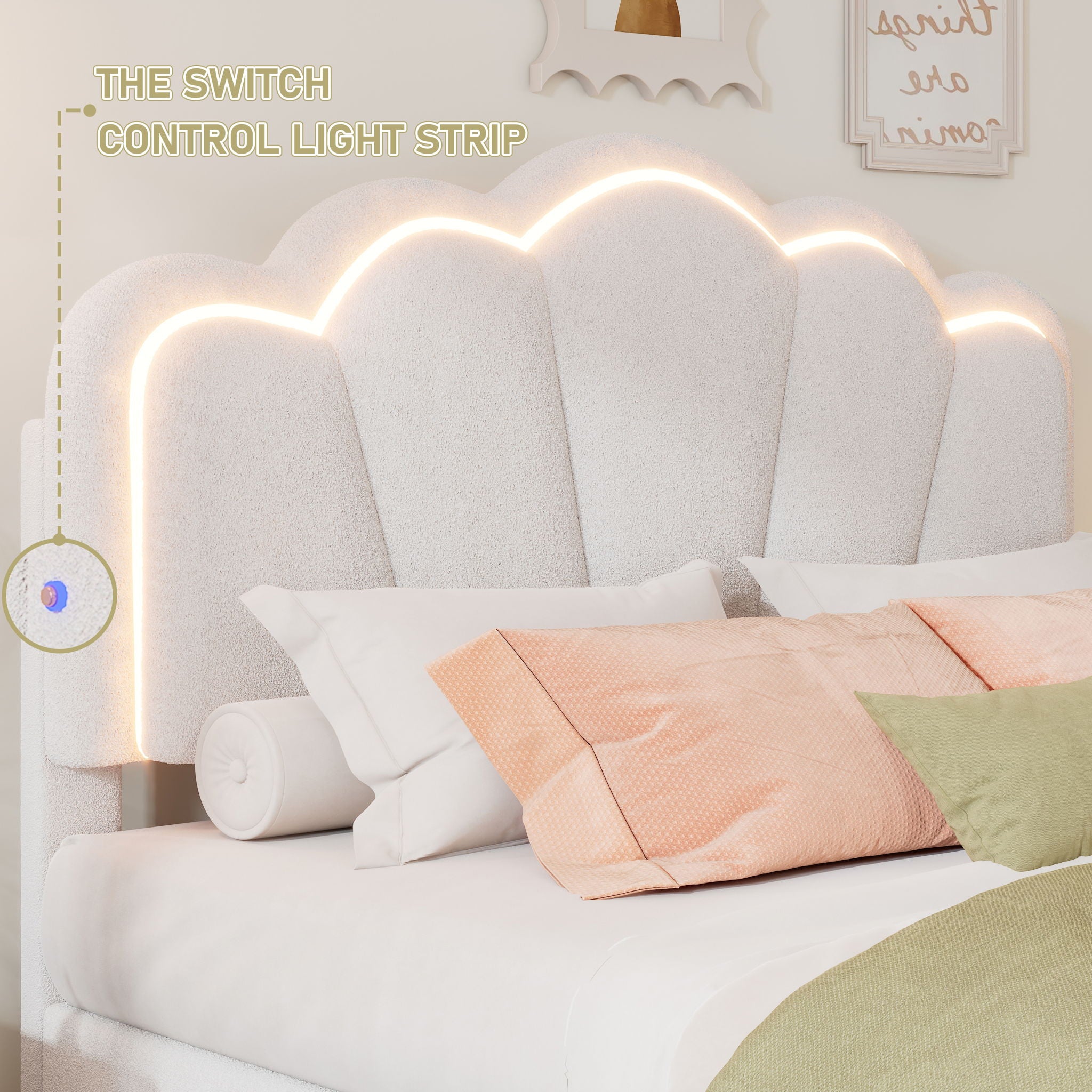 Upholstered Elegant Flowers Headboard With LED Light Strip, Platform Bed With Slats Support