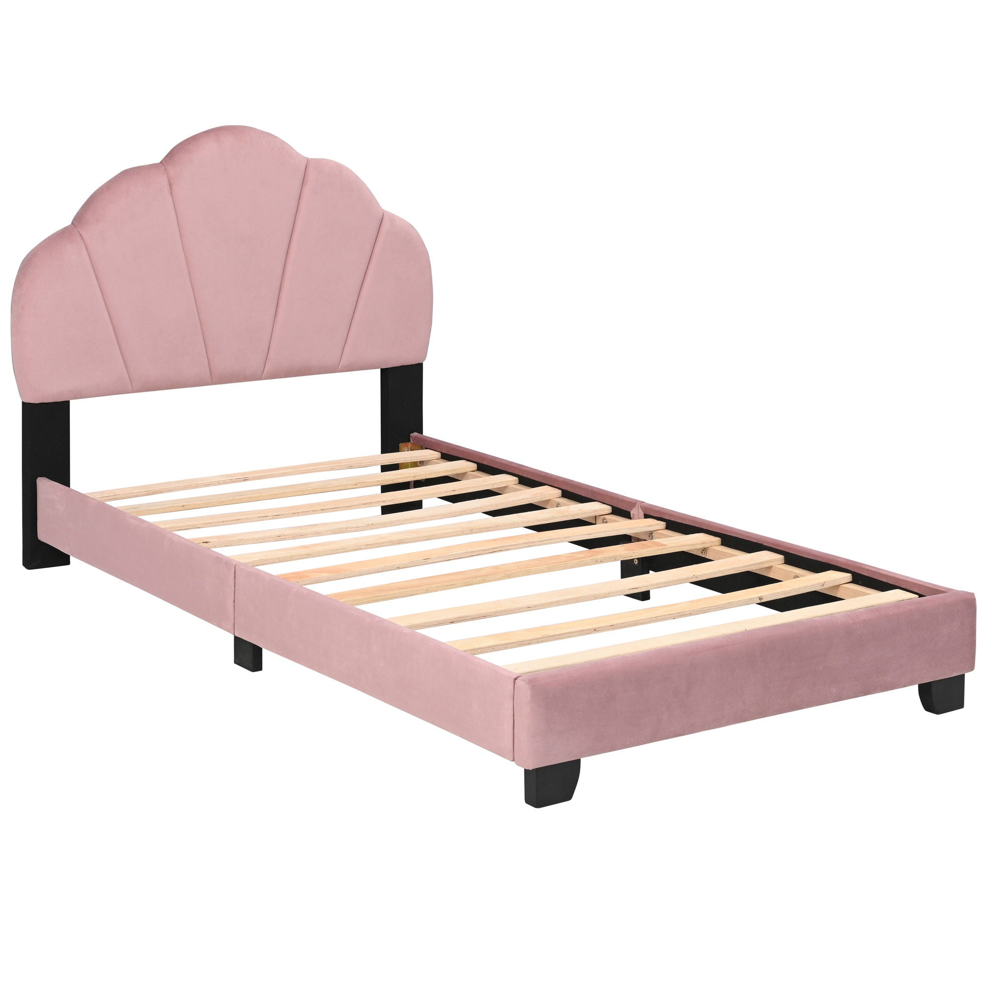 Upholstered Twin Size Platform Bed For Kids Wooden Bed Frame With Slatted Bed Base No Box Spring Needed Cute Bed Frame With Shell Design Headboard - Pink