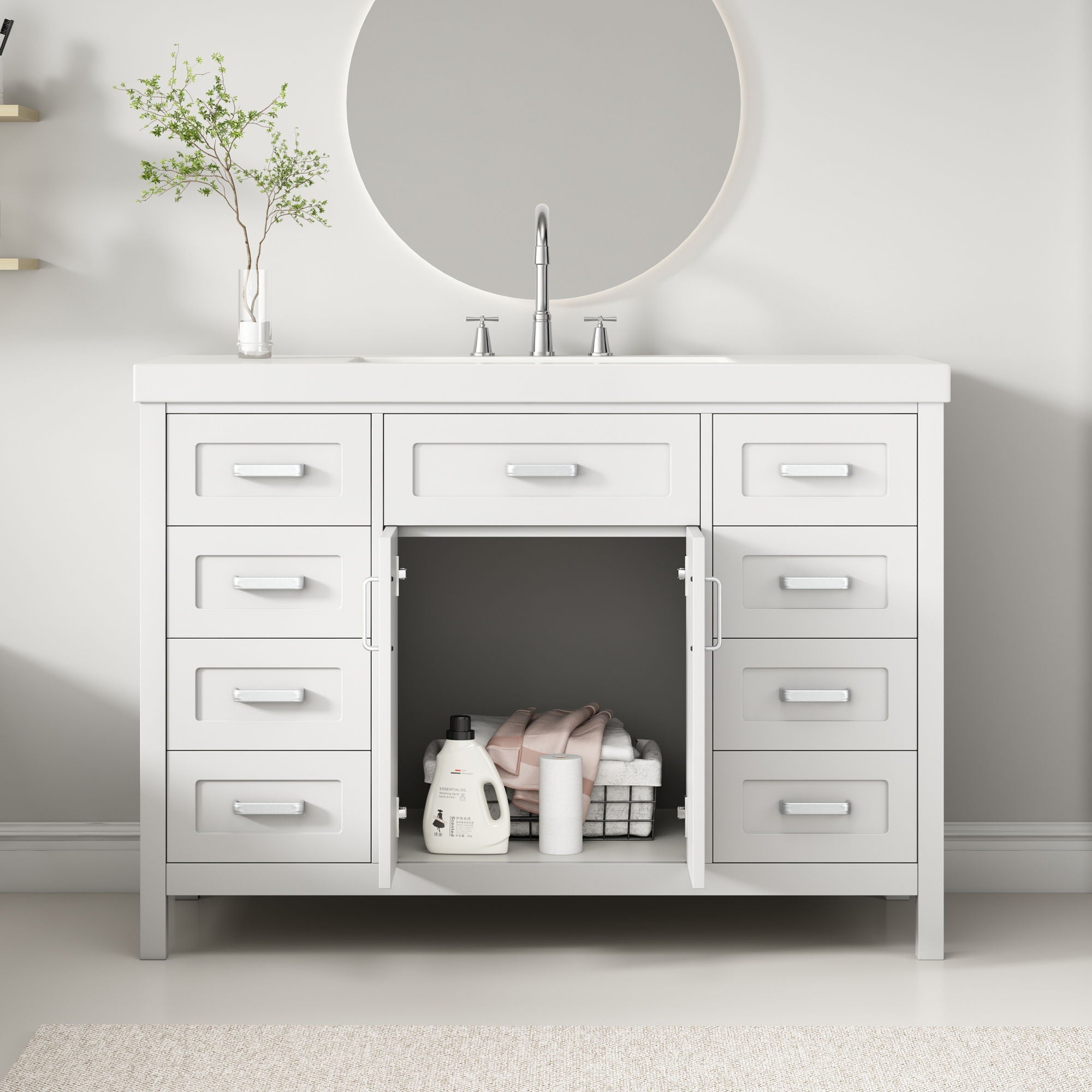 Bathroom Vanity With Sink, 2 Doors 8 Drawers, Soft Close System, Classic Design