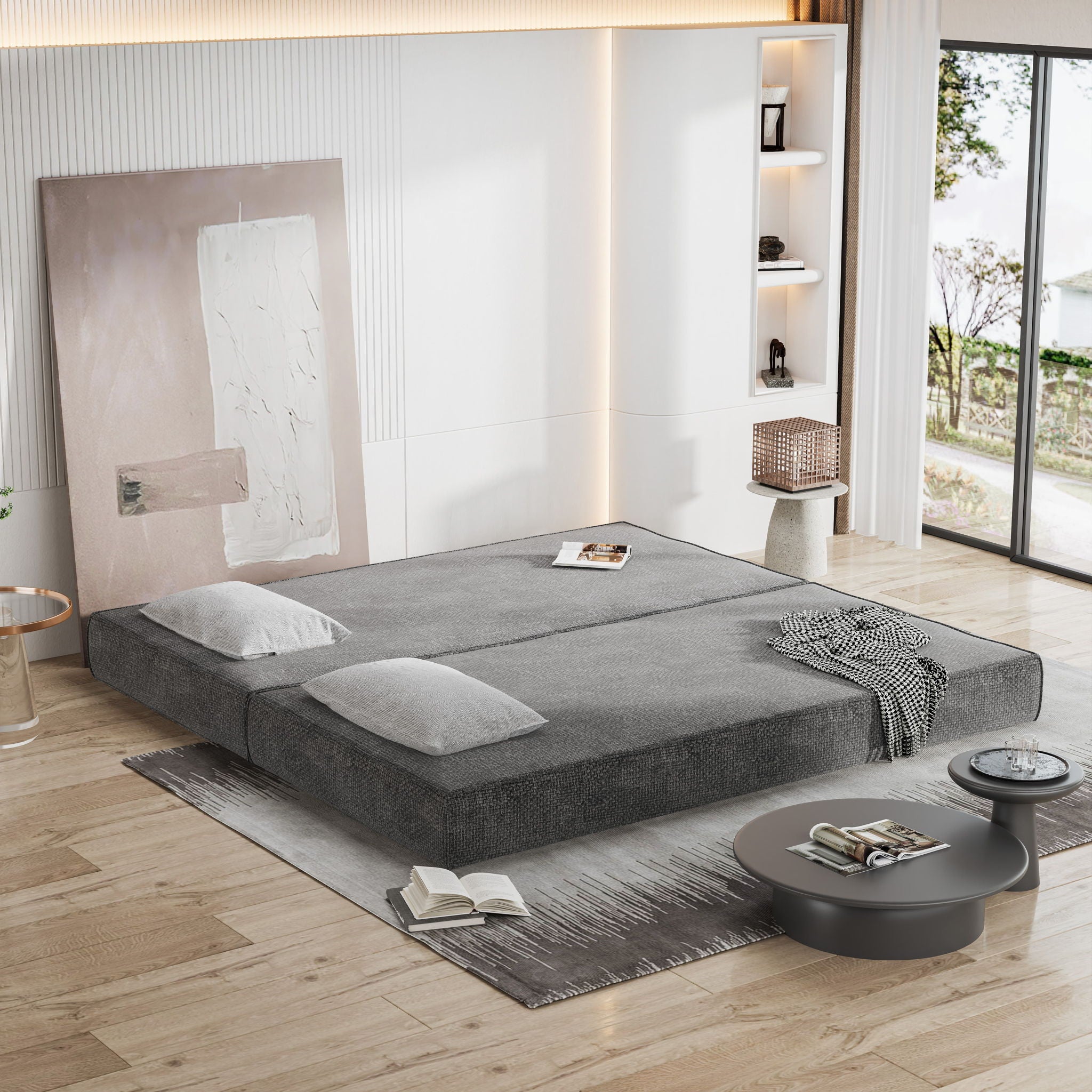 Convertible Couch Bed With 2 Pillows, 3 Seat Folding Floor Couch & King Size Bed Mattress, Diy Combination - Gray