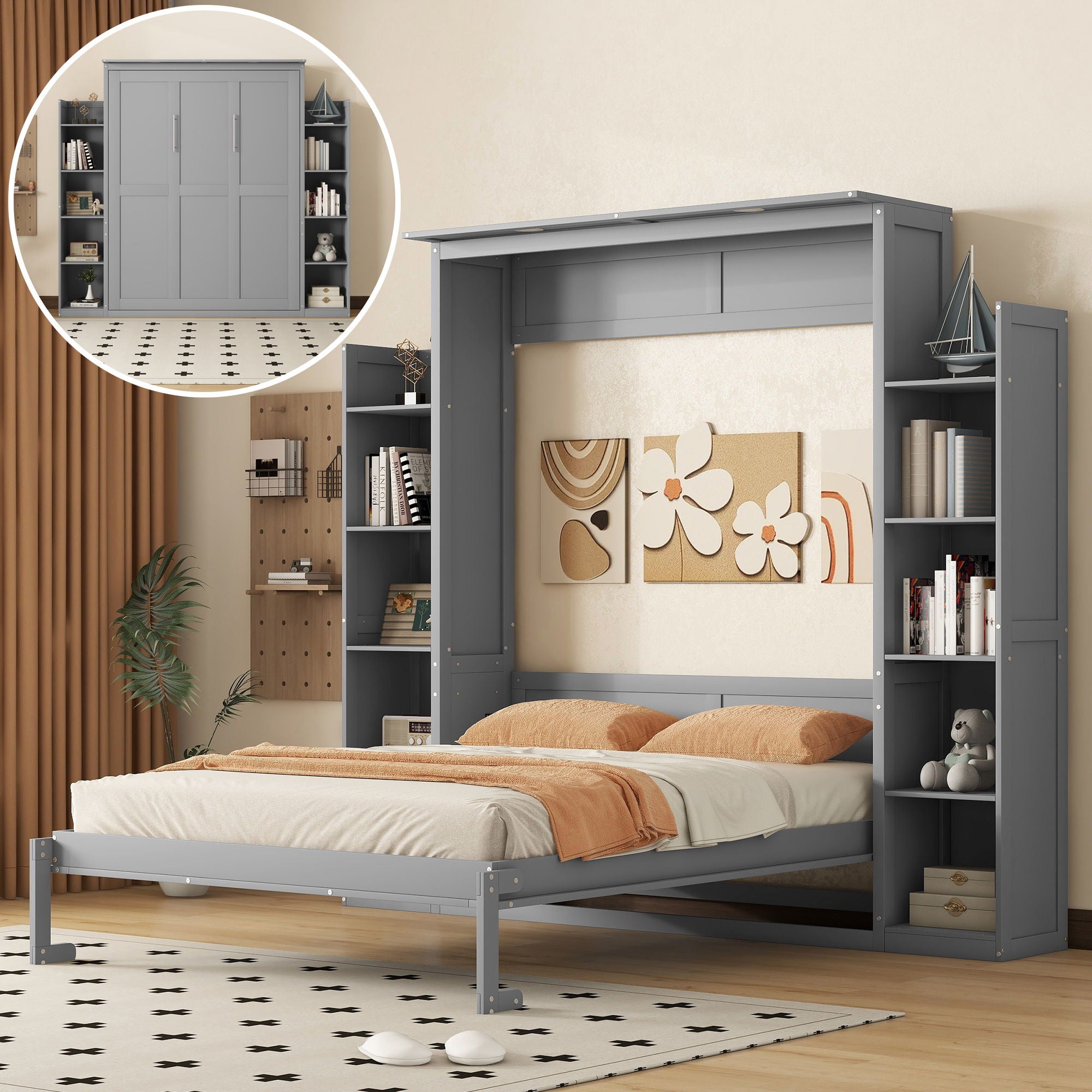 Wall Murphy Bed With Shelves And LED Lights
