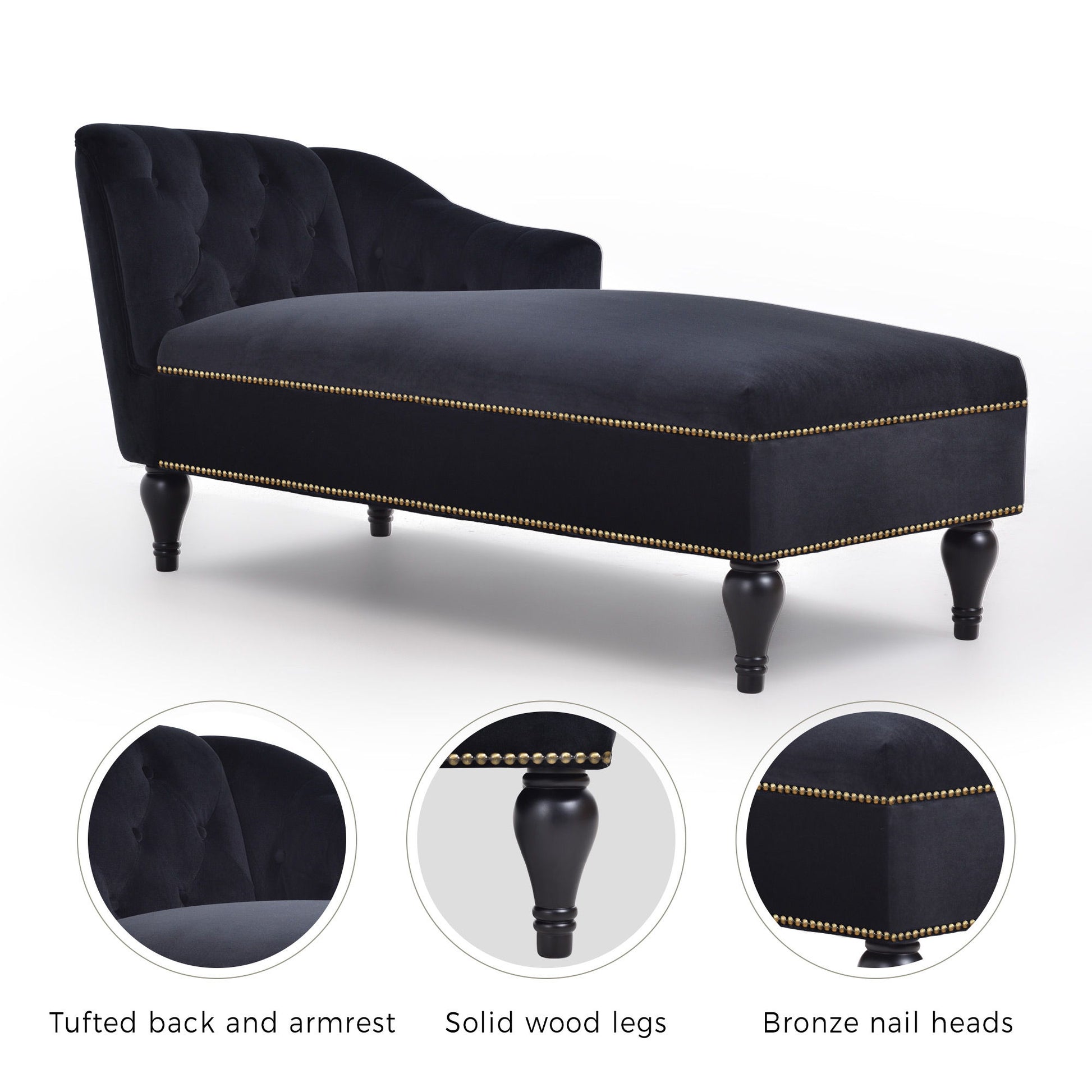 Velvet Chaise Lounge, Button Tufted Right Arm Facing Lounge Chair With Nailhead Trim For Living Room - Black - Best Buy Furniture