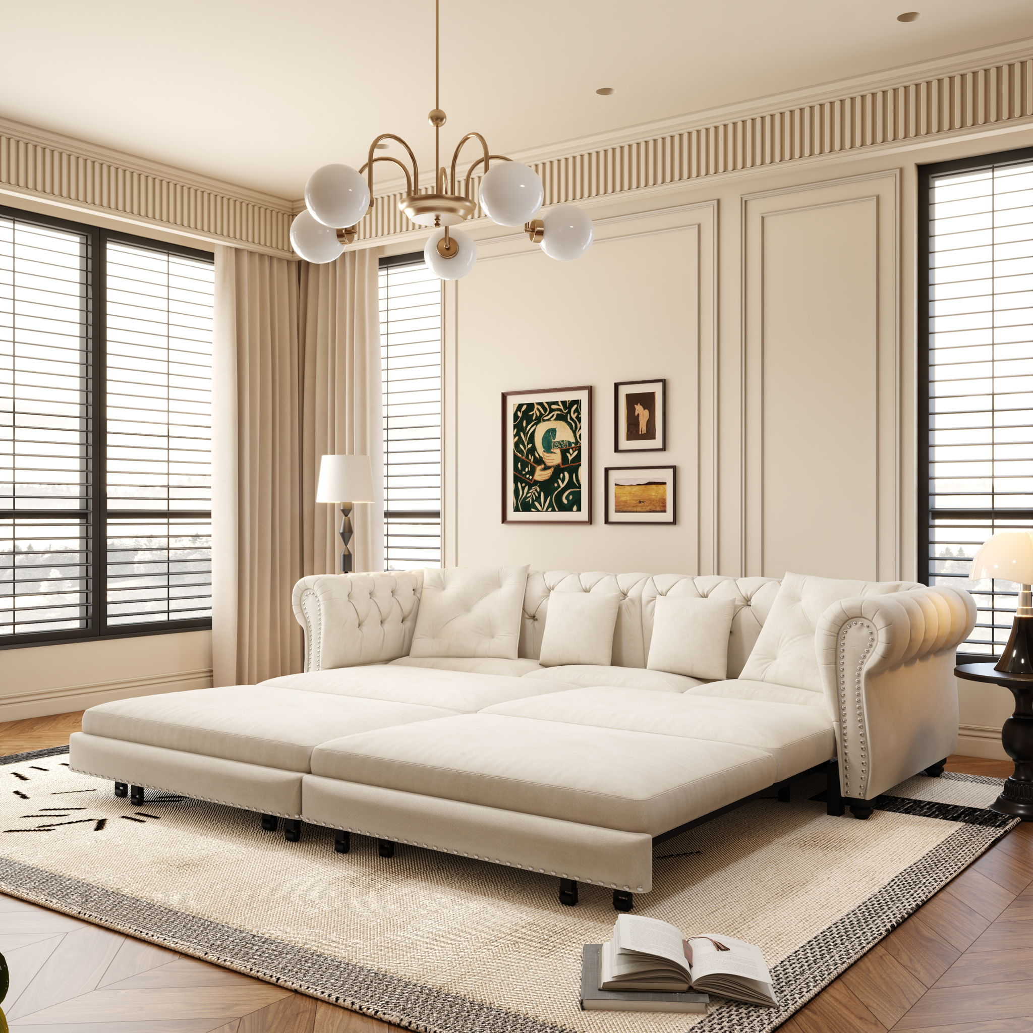 3 In 1 Pull Out Sofa Bed, Convertible Sleeper Sofa Bed, 3 Seater Sofa With Movable Ottoman - Beige