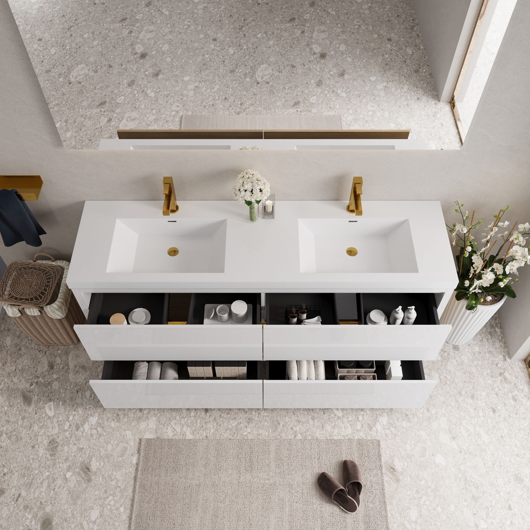 Bathin Freestanding Bathroom Vanity With Double Sinks, Bathroom Storage Vanity Cabinet With Stone Resin Countertop And Soft Close Drawers